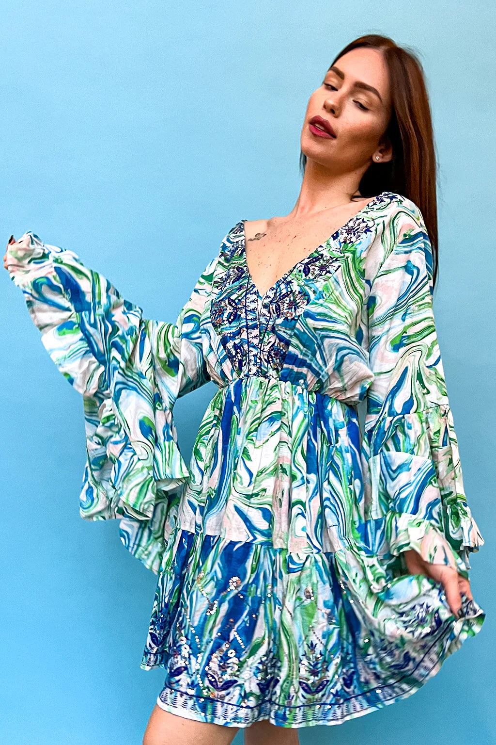 Blue Embellished Frill Sleeve Dress