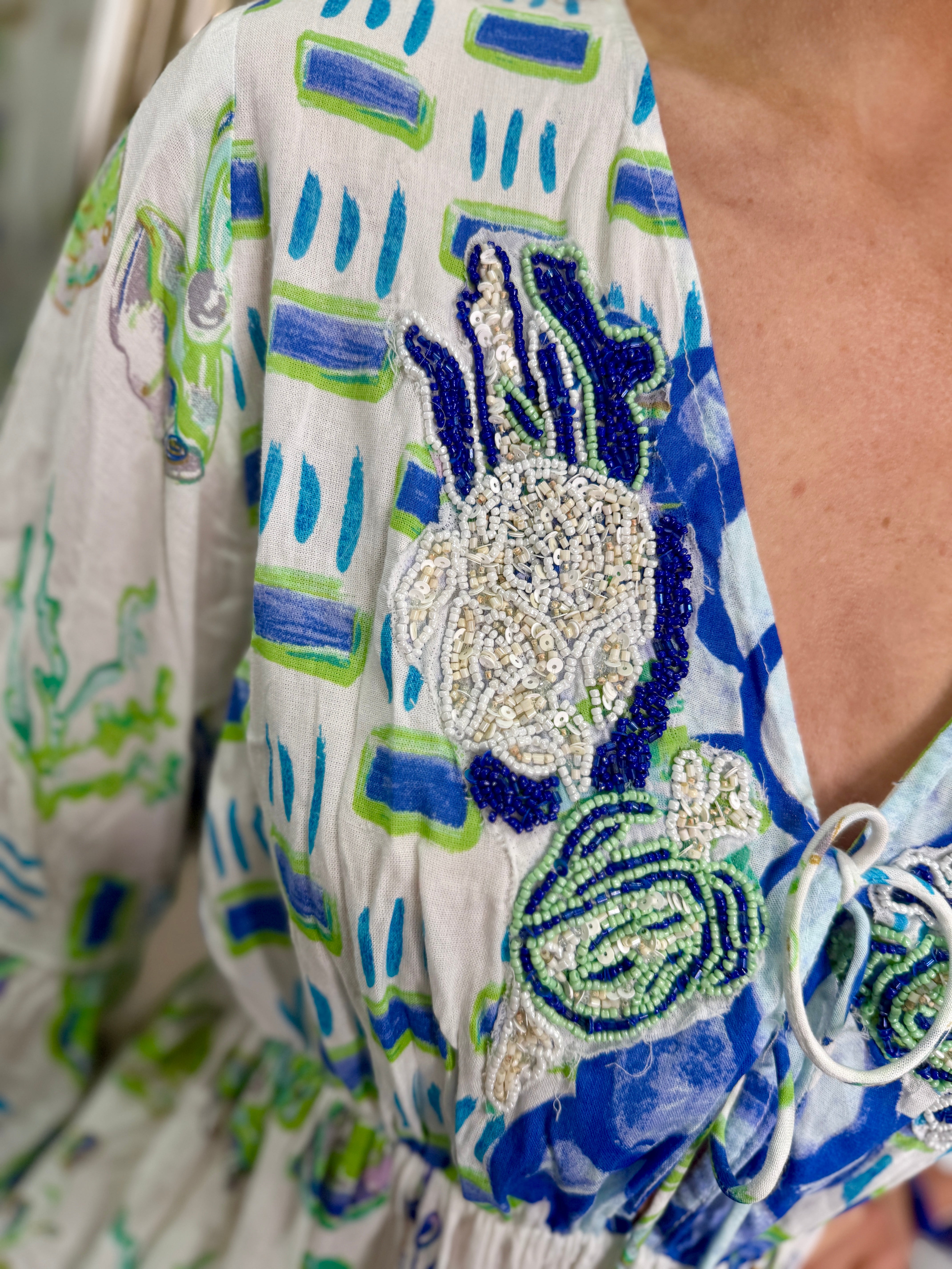 White And Blue Embellished Tassel Dress