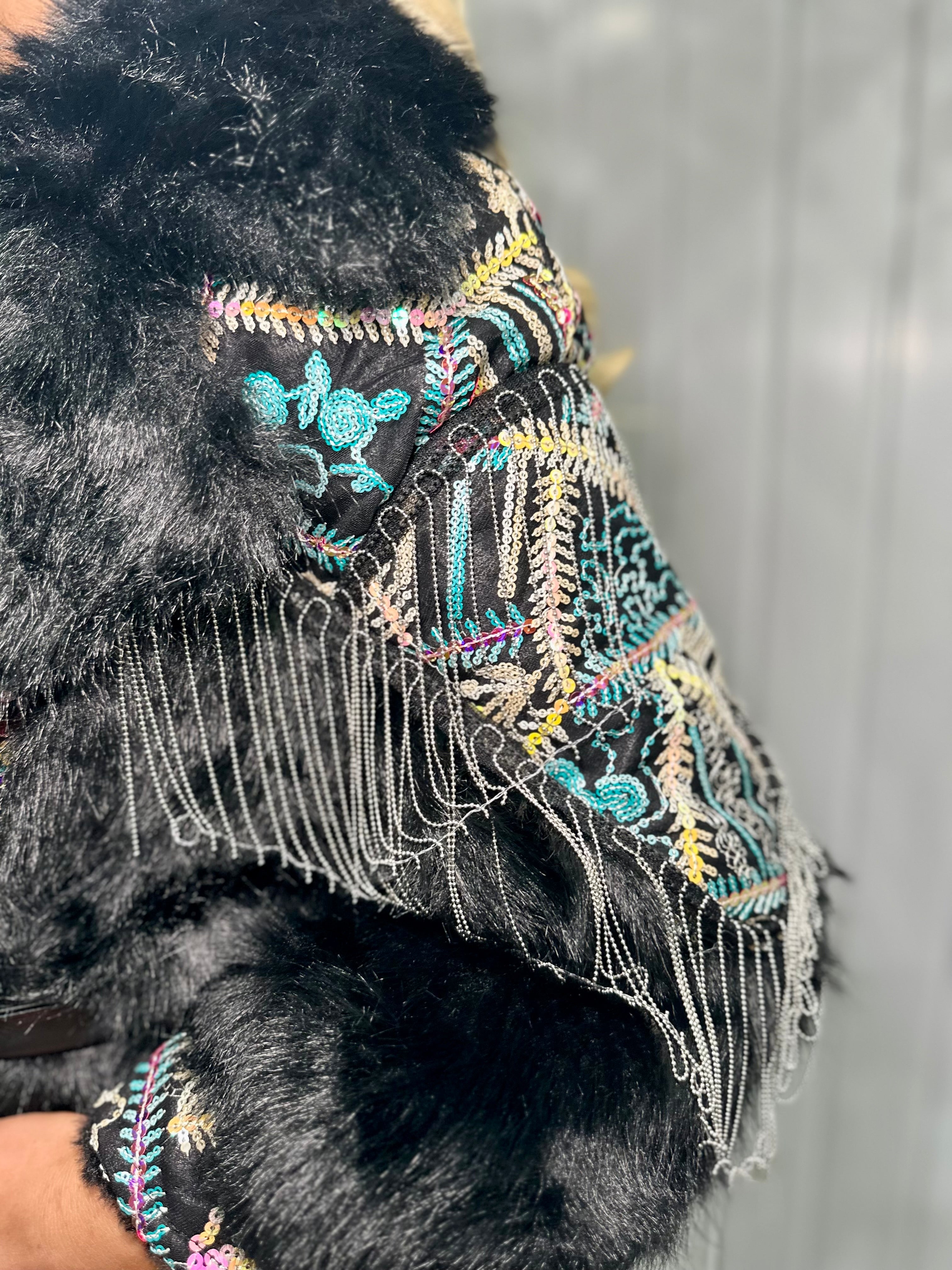 Black Multicoloured Sequin Faux Fur Silver Coat