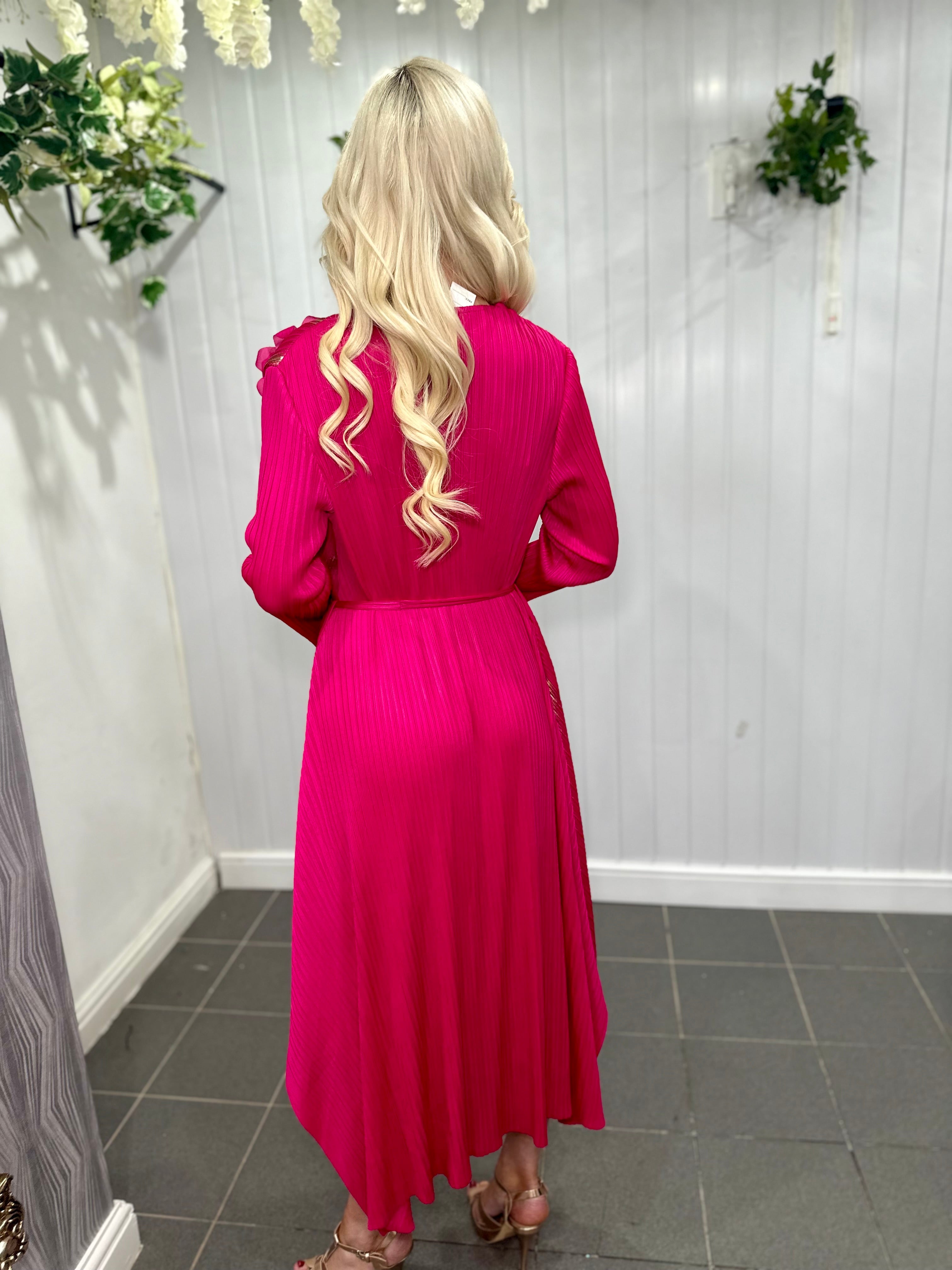 Fuchsia And Gold Shimmer Flower Pleated Midi Dress With Detachable Belt