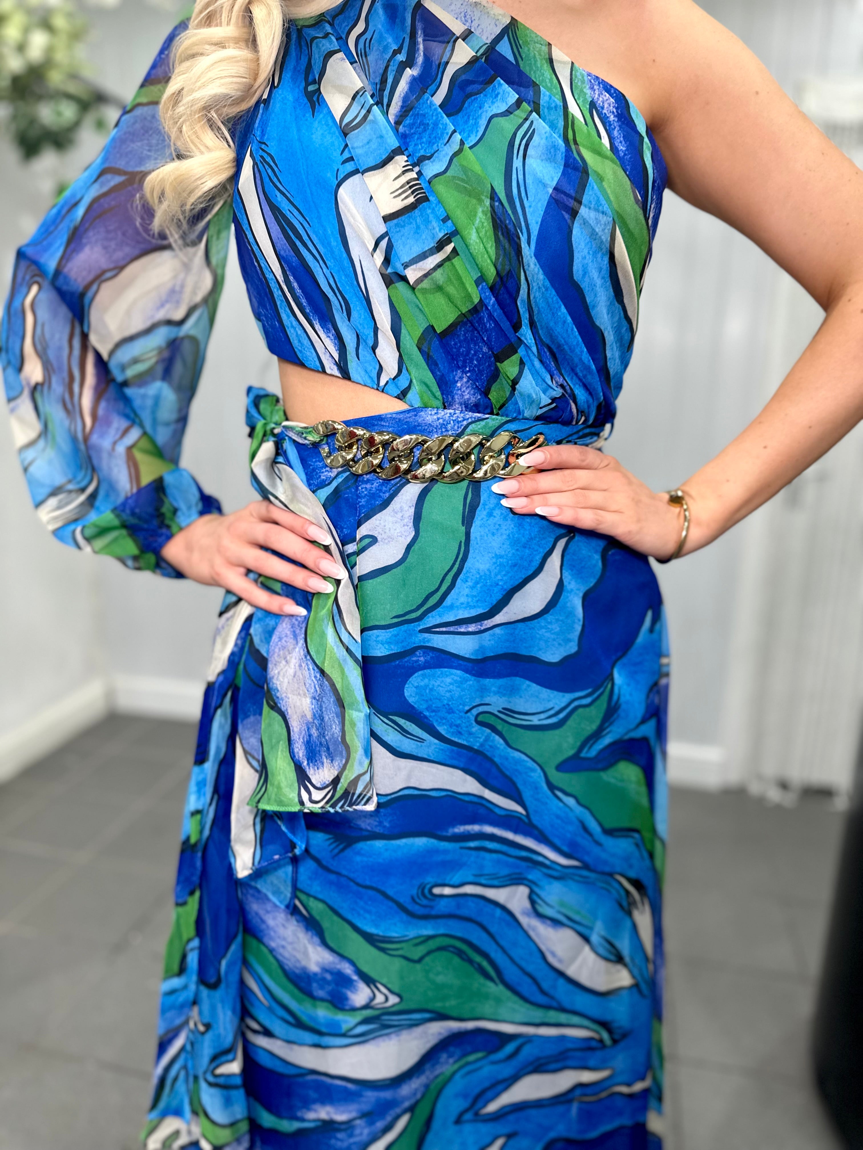 Blue One Shoulder Cut Out Maxi Dress