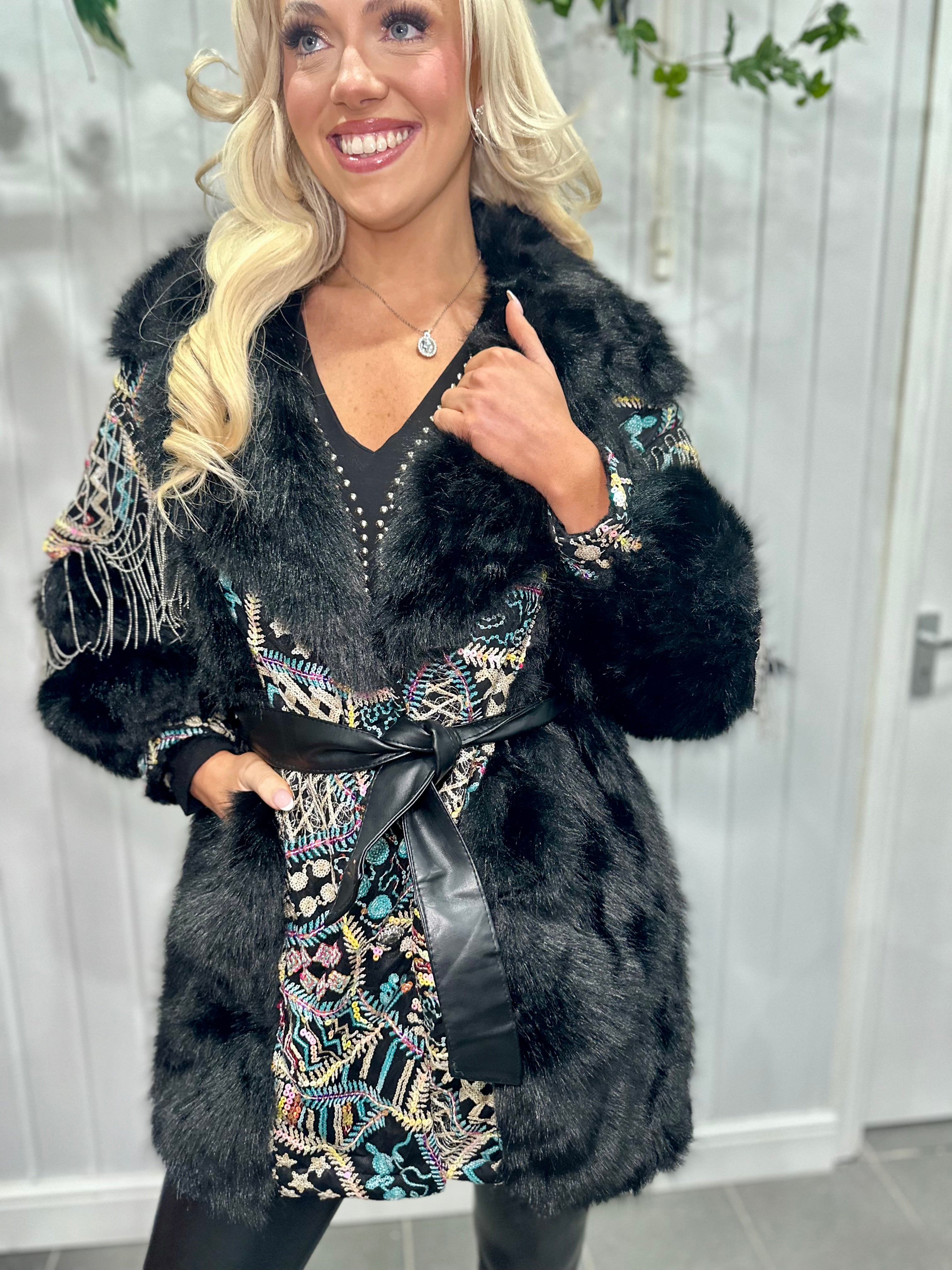 Black Multicoloured Sequin Faux Fur Silver Coat