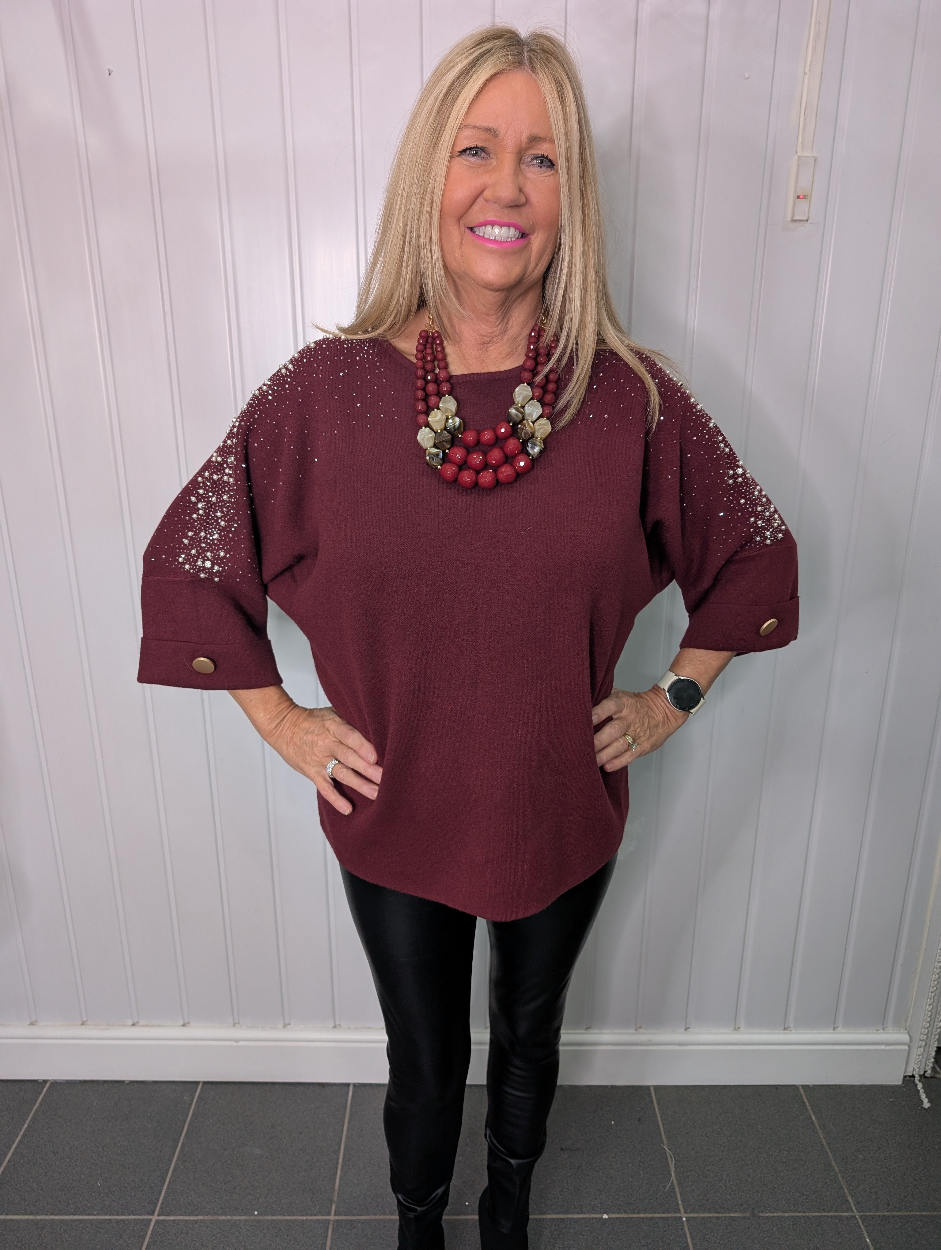 Burgundy Diamante Pearl Jumper