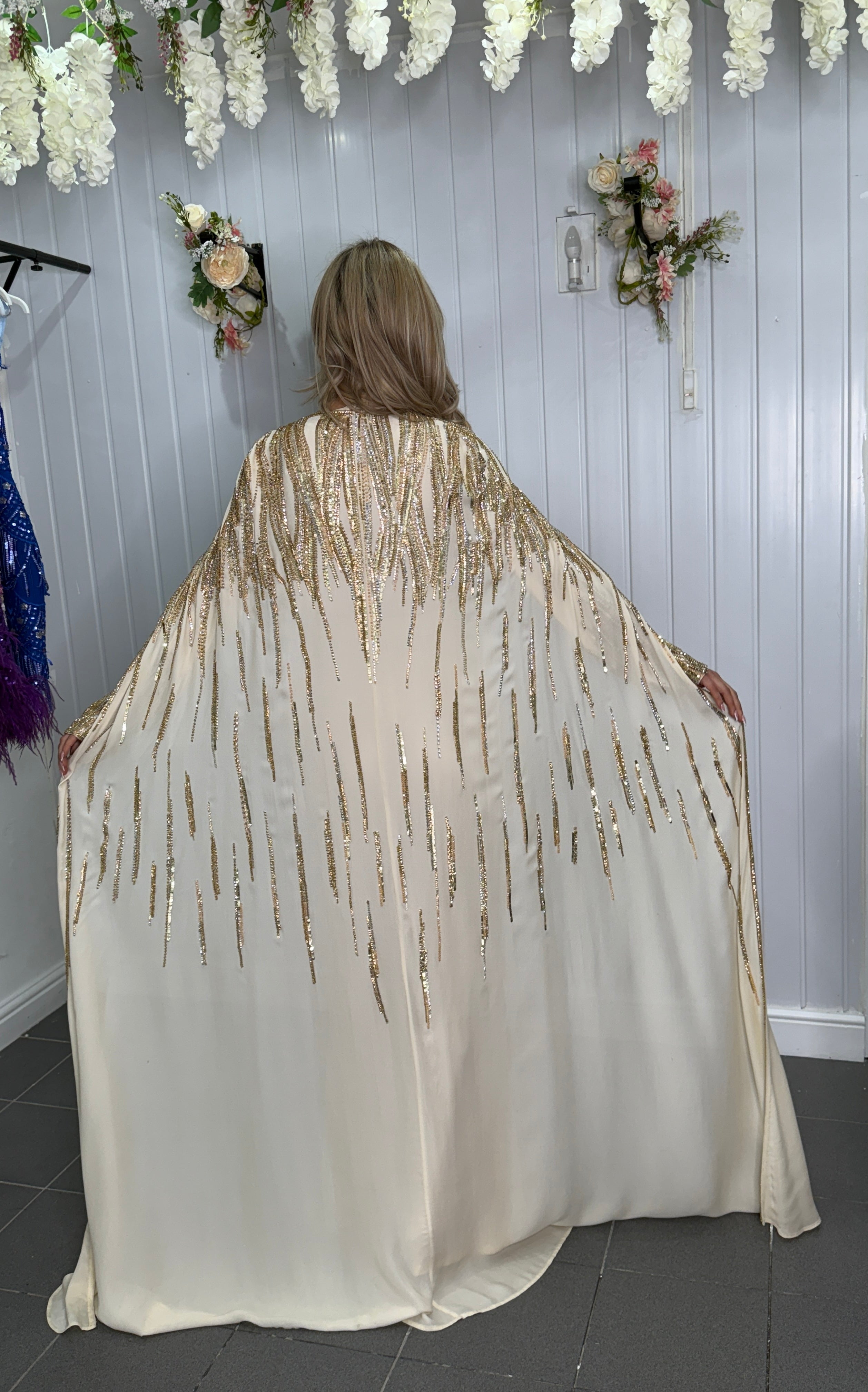 Diamond For Eden Nude And Gold Embellished Jumpsuit And Detachable Cape