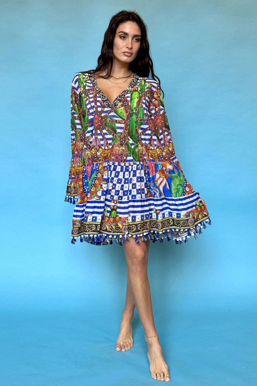 Blue And White Embellished Tassel Dress