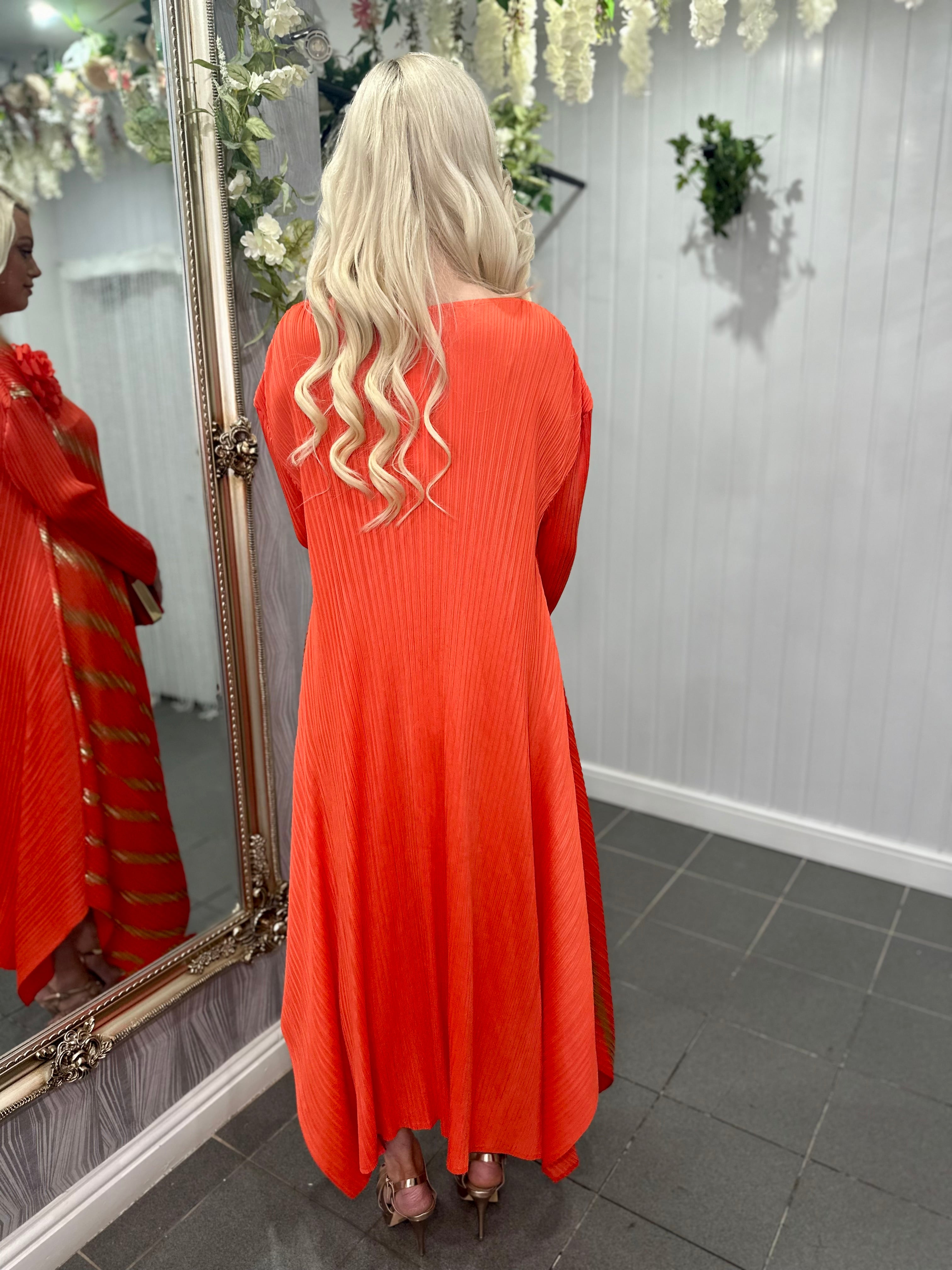 Orange And Gold Shimmer Flower Pleated Midi Dress