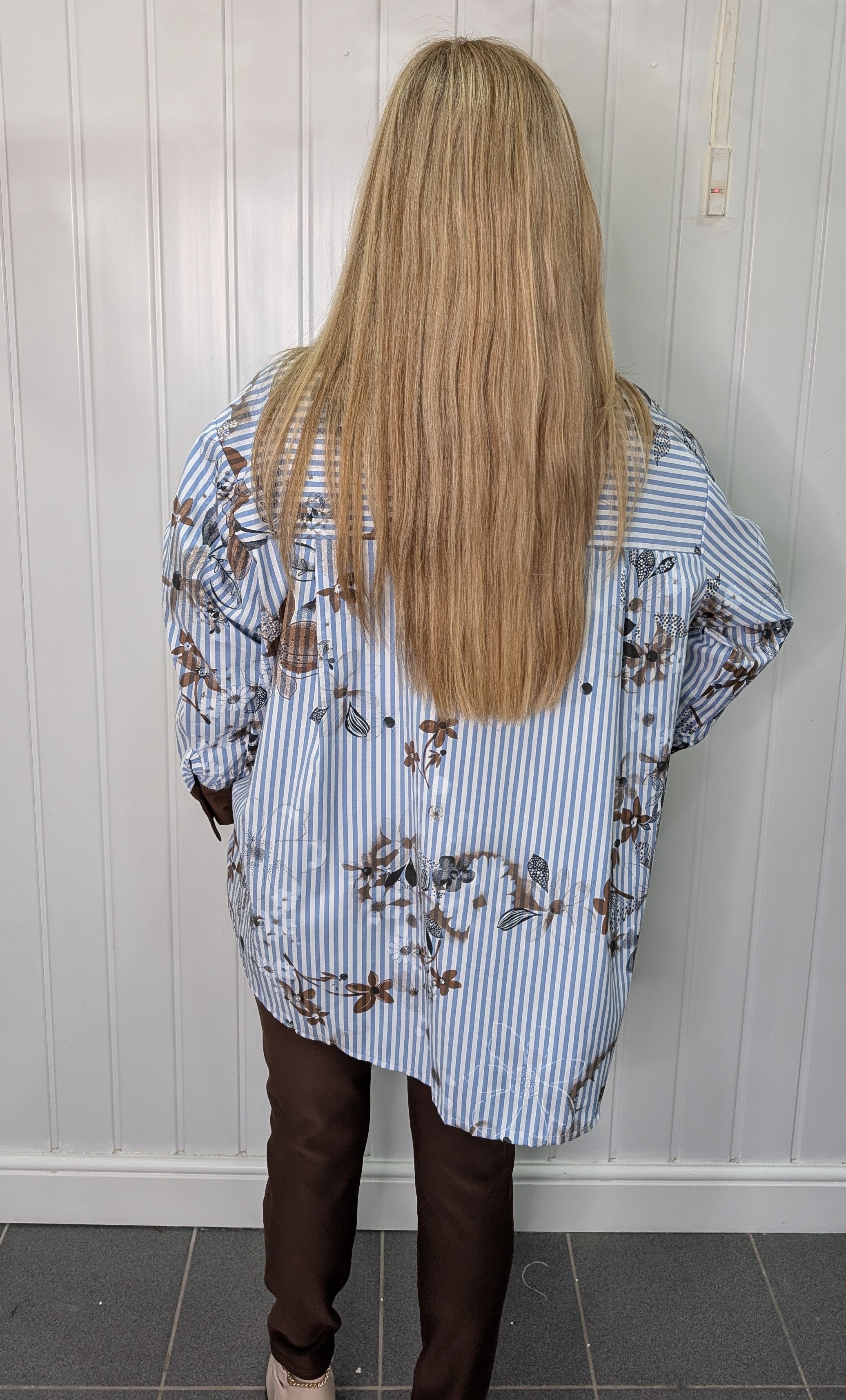 Brown And Blue Stripe Embellished Shirt