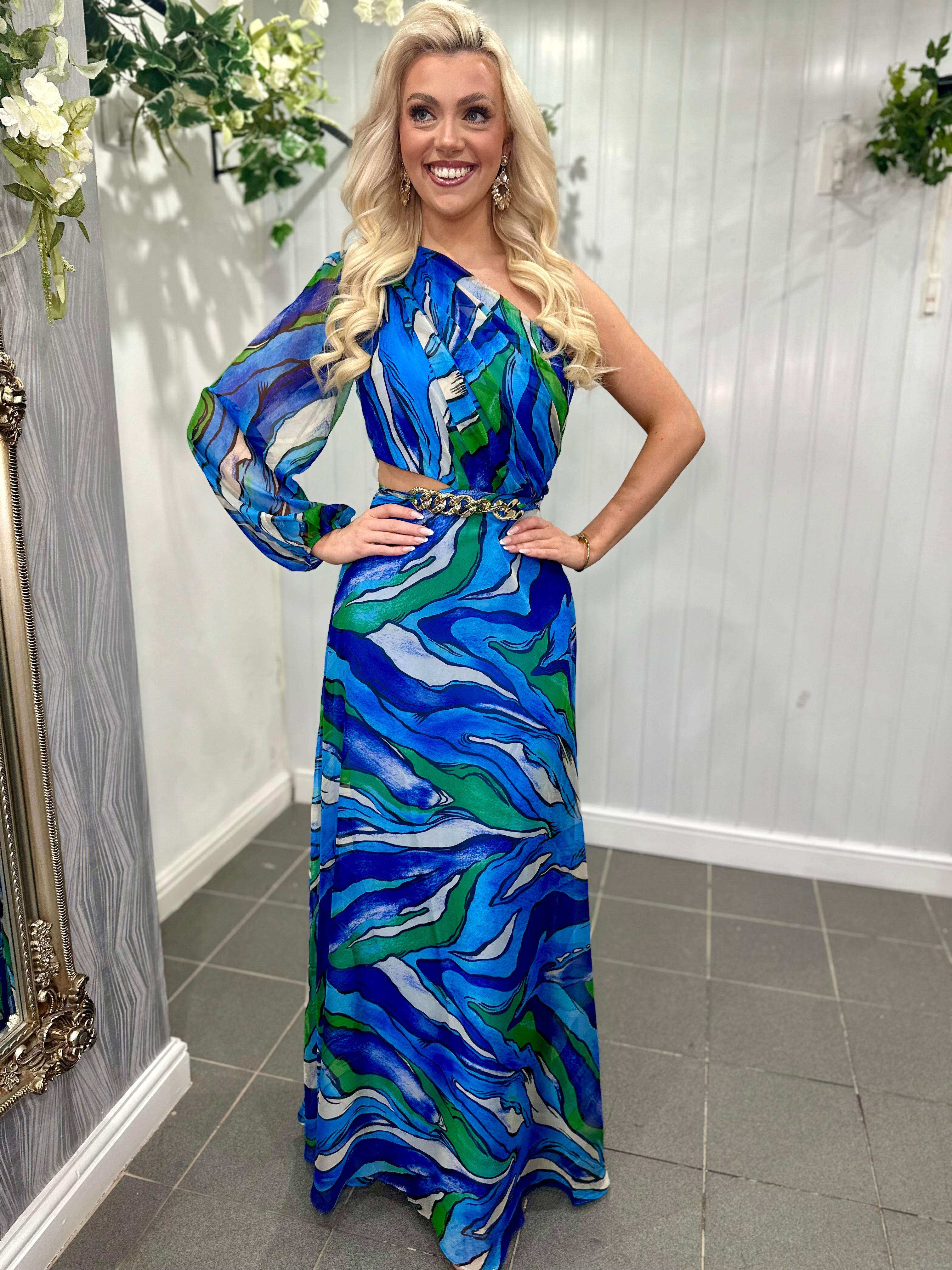 Blue One Shoulder Cut Out Maxi Dress