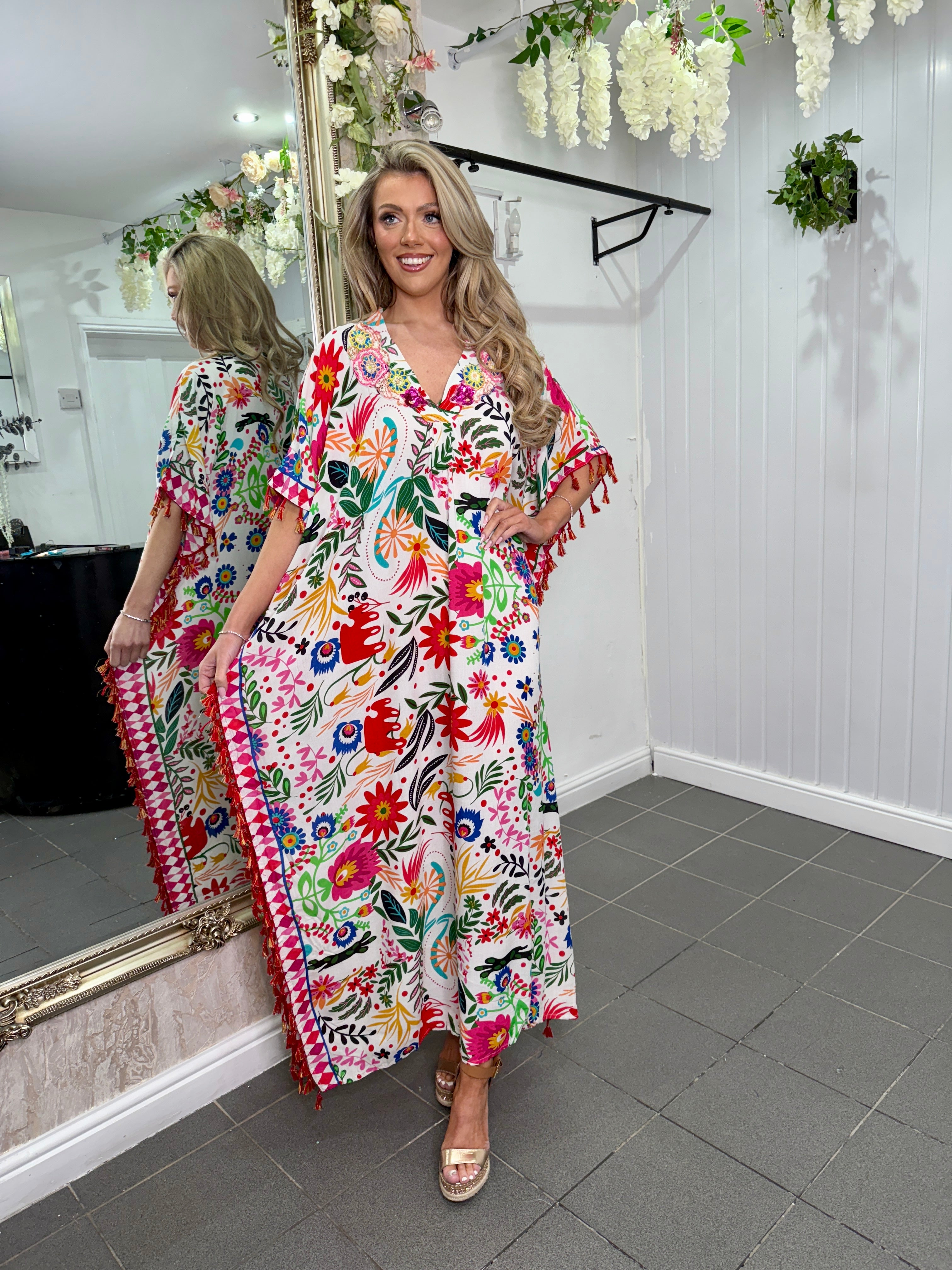 White Multicoloured Embellished Kaftan Dress