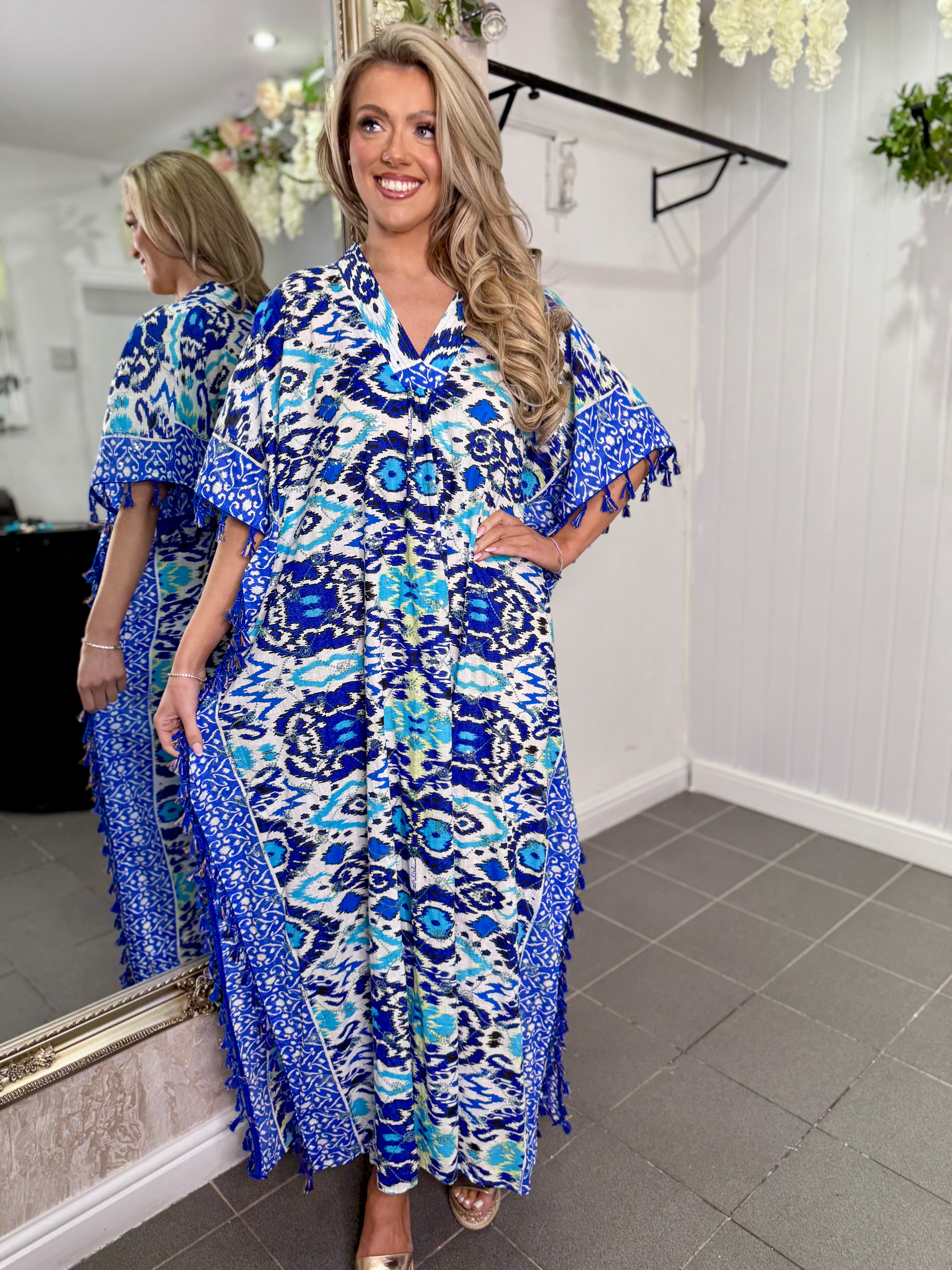 Blue And White Embellished Spec Kaftan Dress
