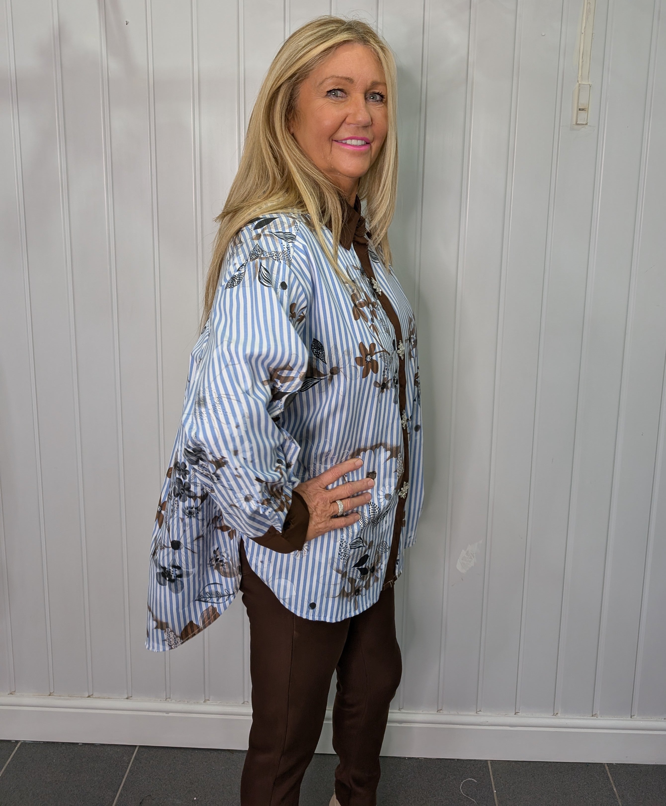 Brown And Blue Stripe Embellished Shirt