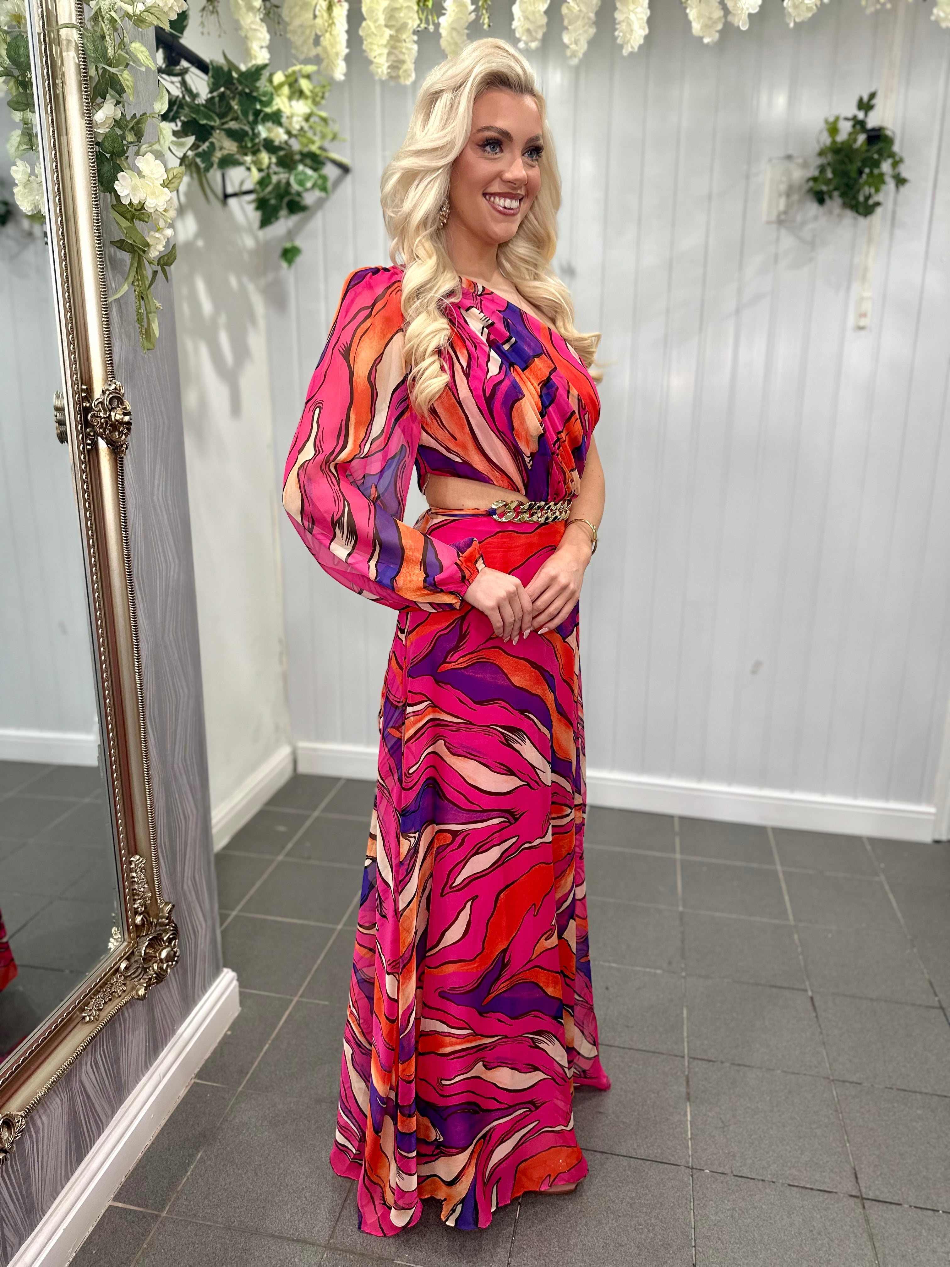 Pink One Shoulder Cut Out Maxi Dress