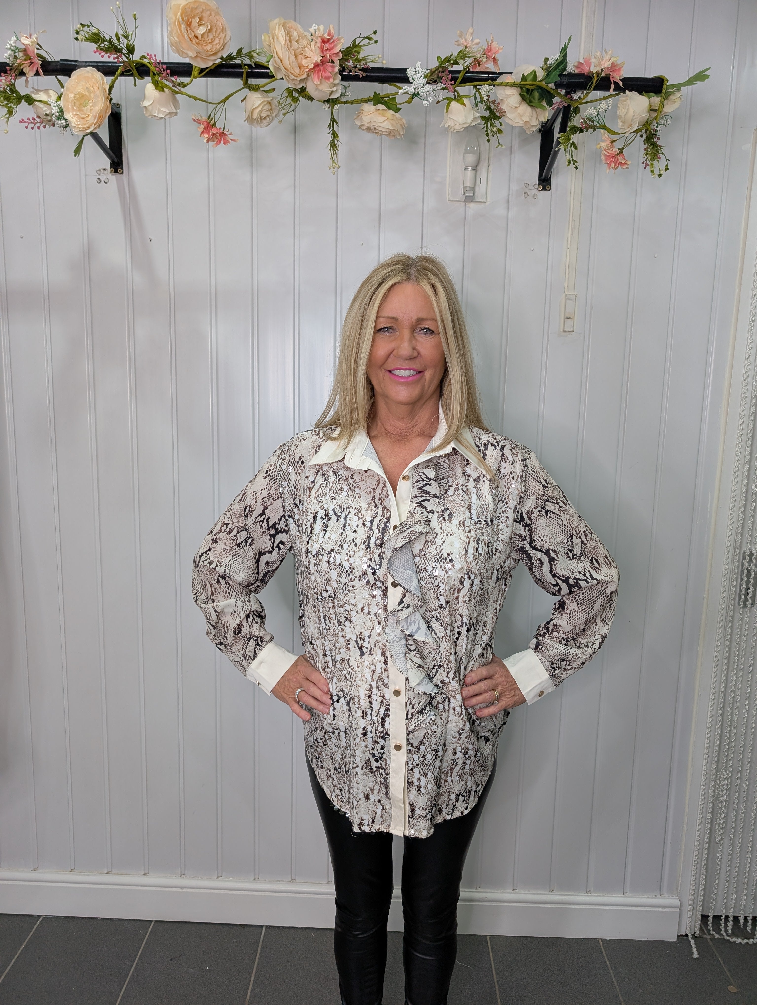 Cream Snake Print Sequin Spec Frill Shirt
