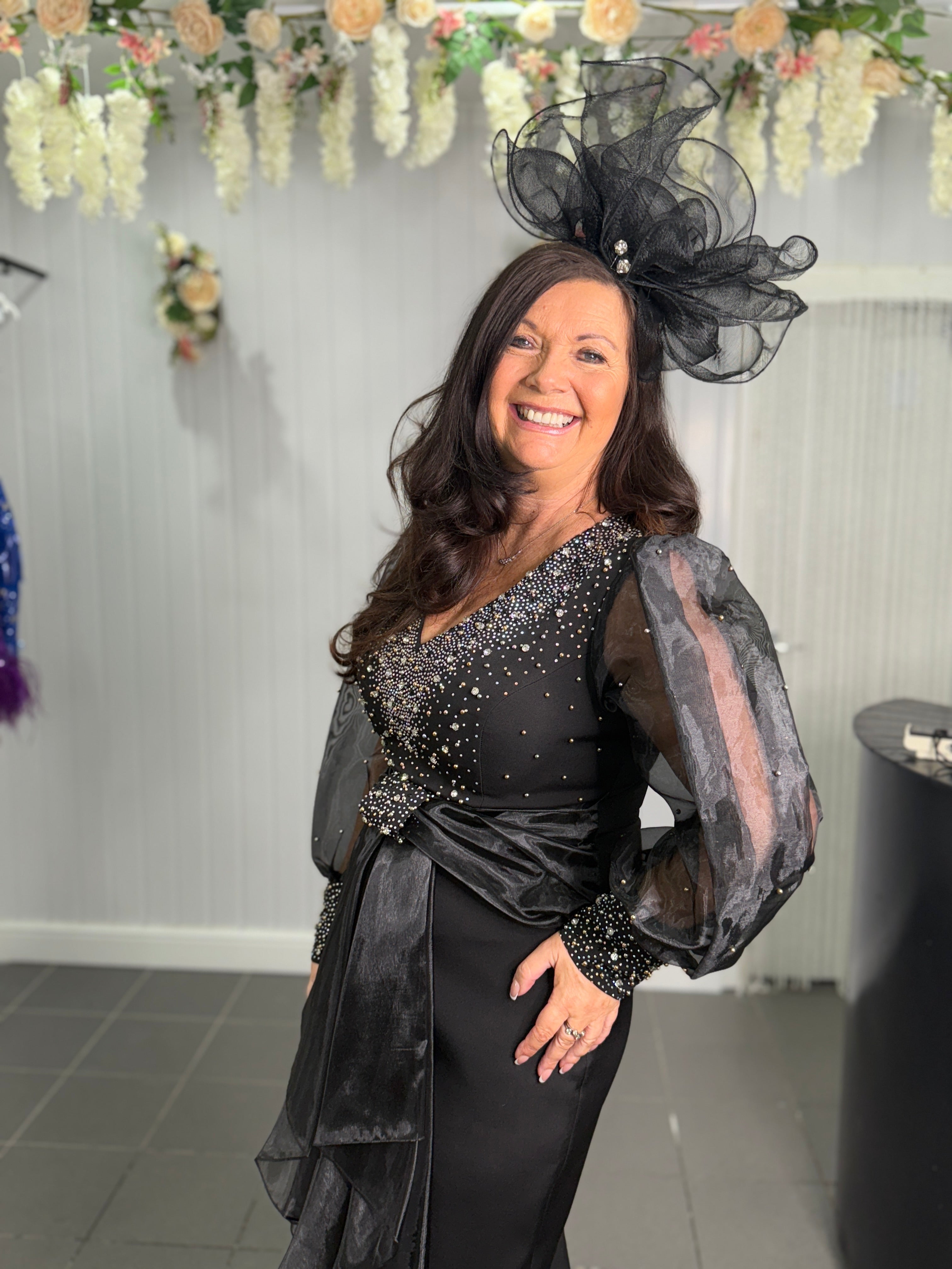 Black Organza Beaded Midi Dress