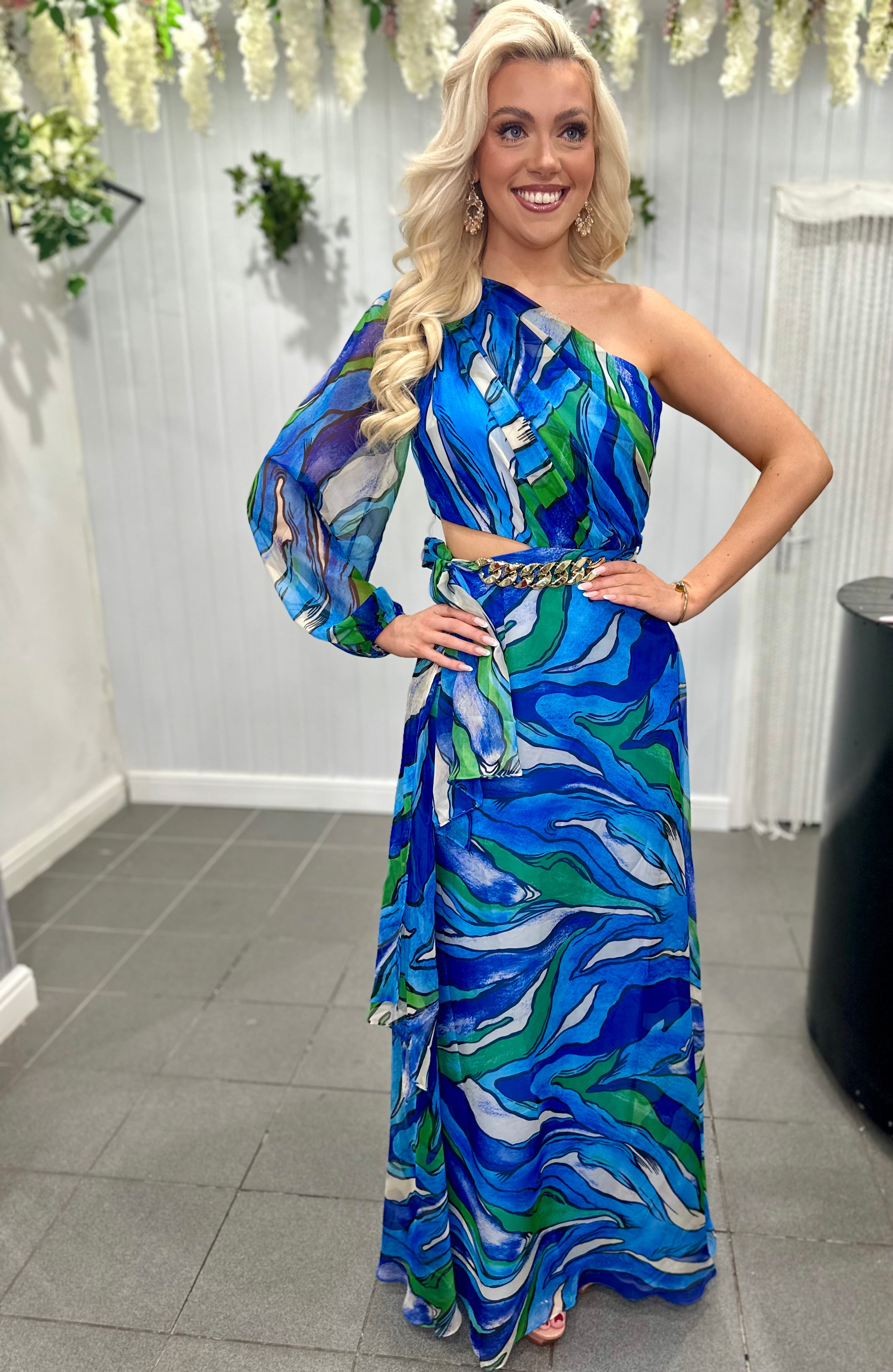 Blue One Shoulder Cut Out Maxi Dress