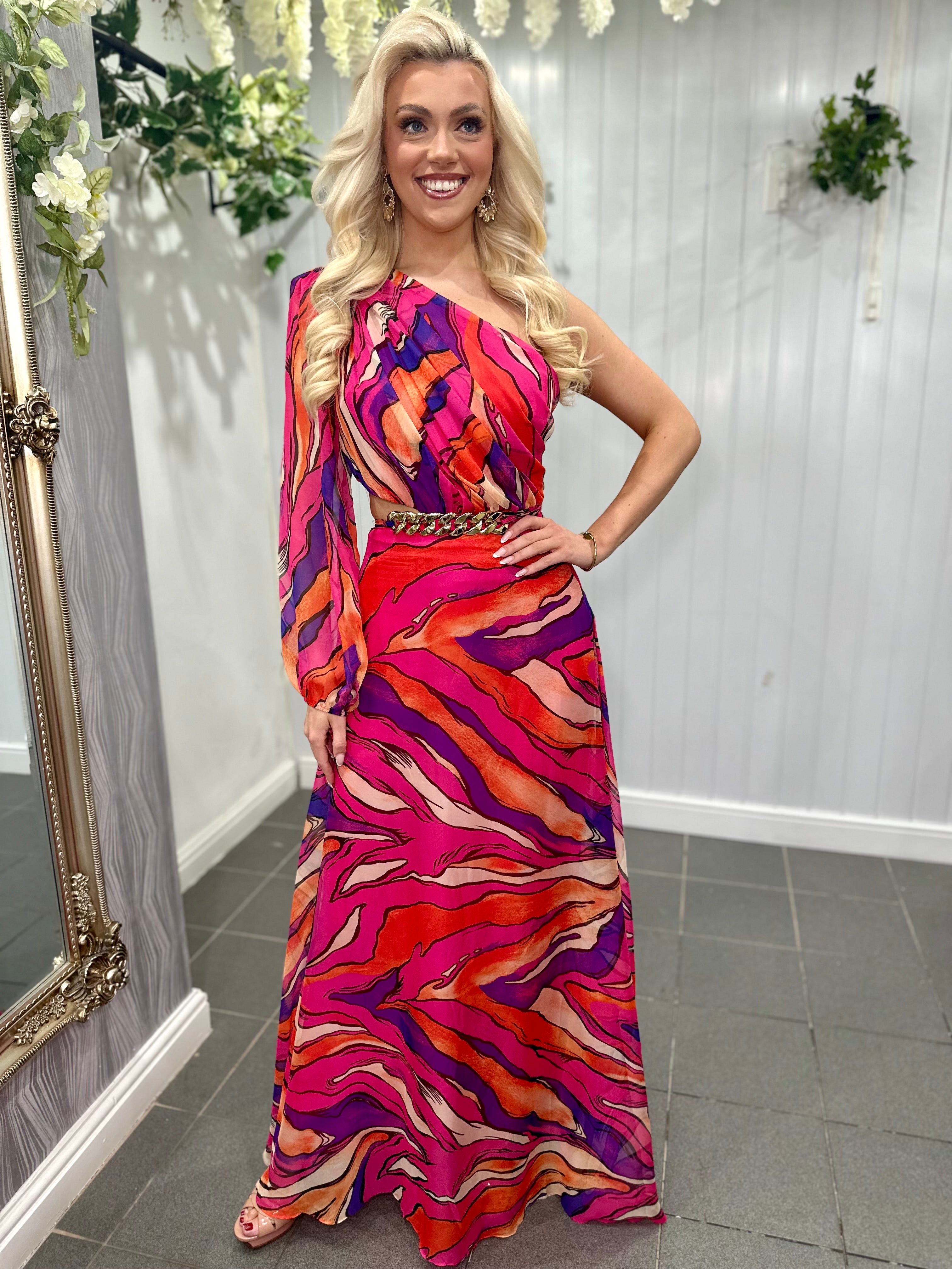 Pink One Shoulder Cut Out Maxi Dress