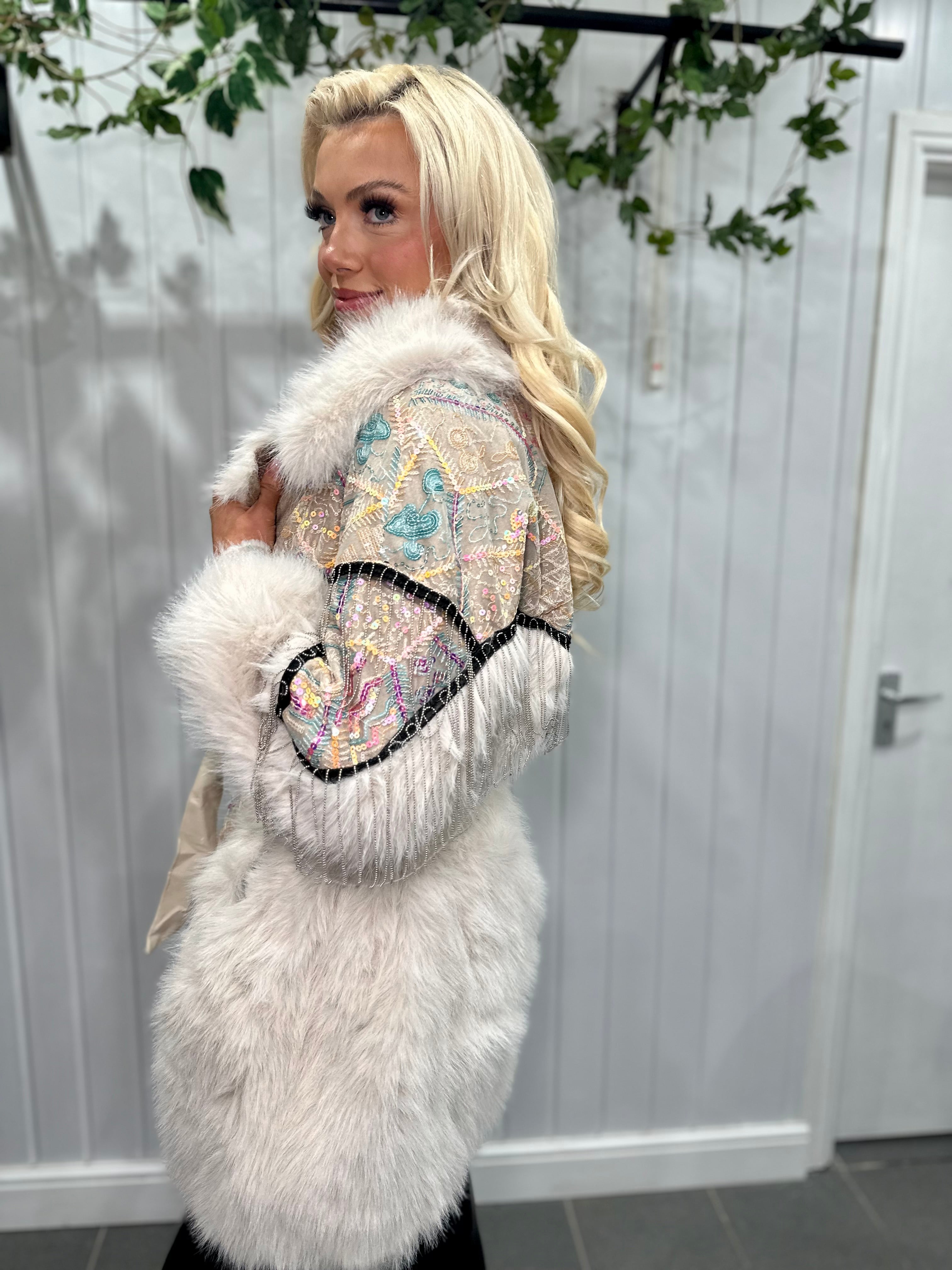 Beige Multicoloured Sequin Faux Fur Silver Coat