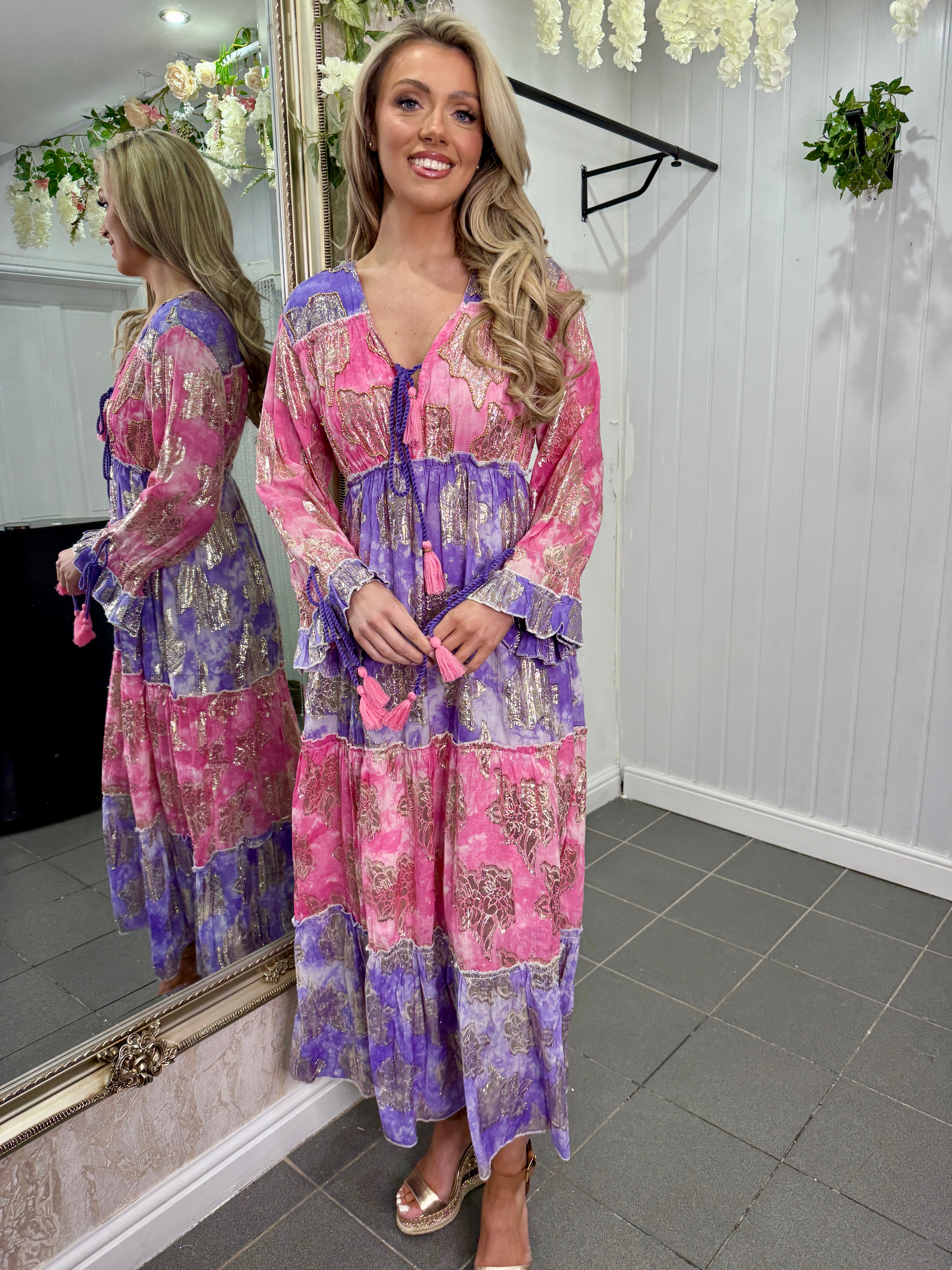 Purple Embellished Gold Metallic Maxi Dress