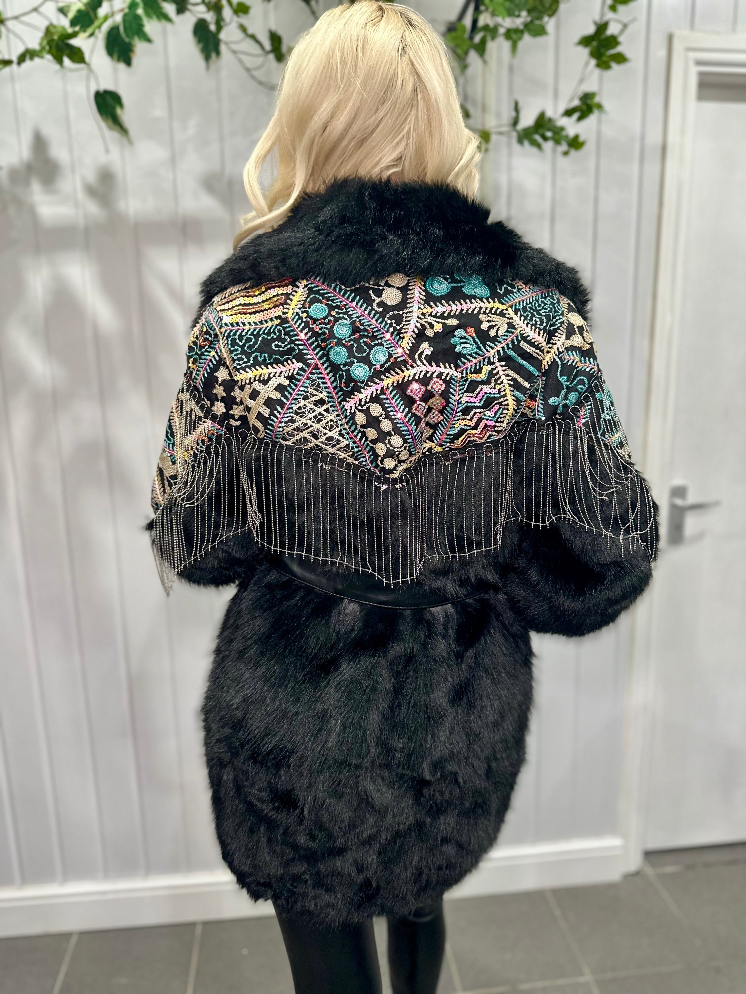 Black Multicoloured Sequin Faux Fur Silver Coat