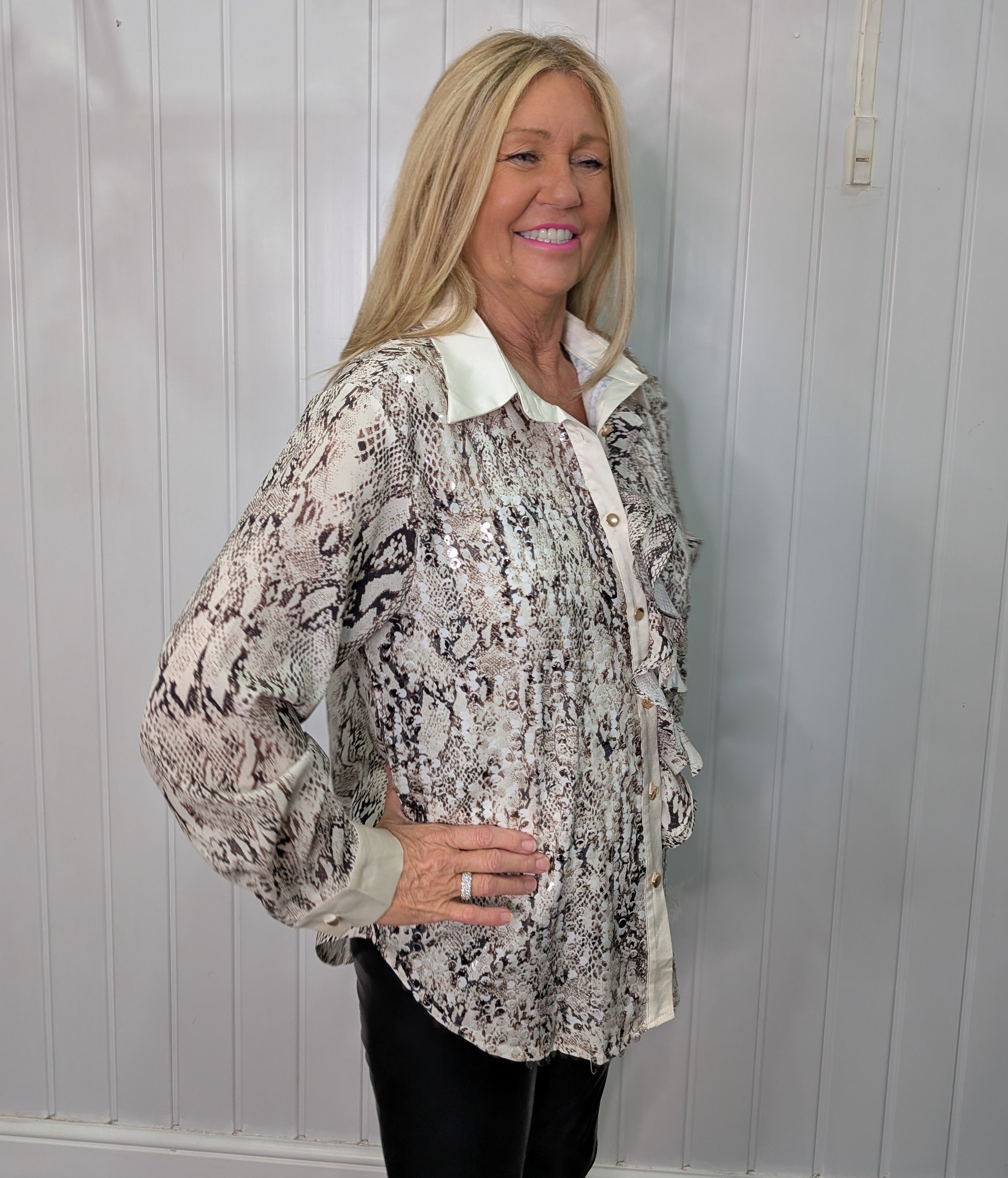 Cream Snake Print Sequin Spec Frill Shirt