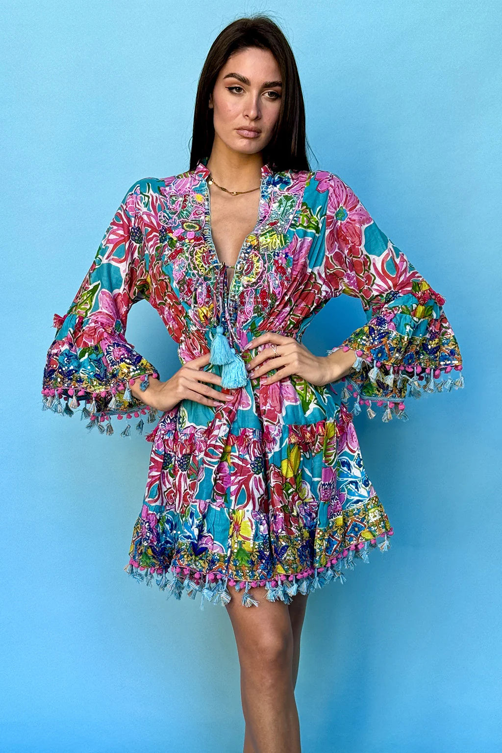 Turquoise Embellished Tassle Dress