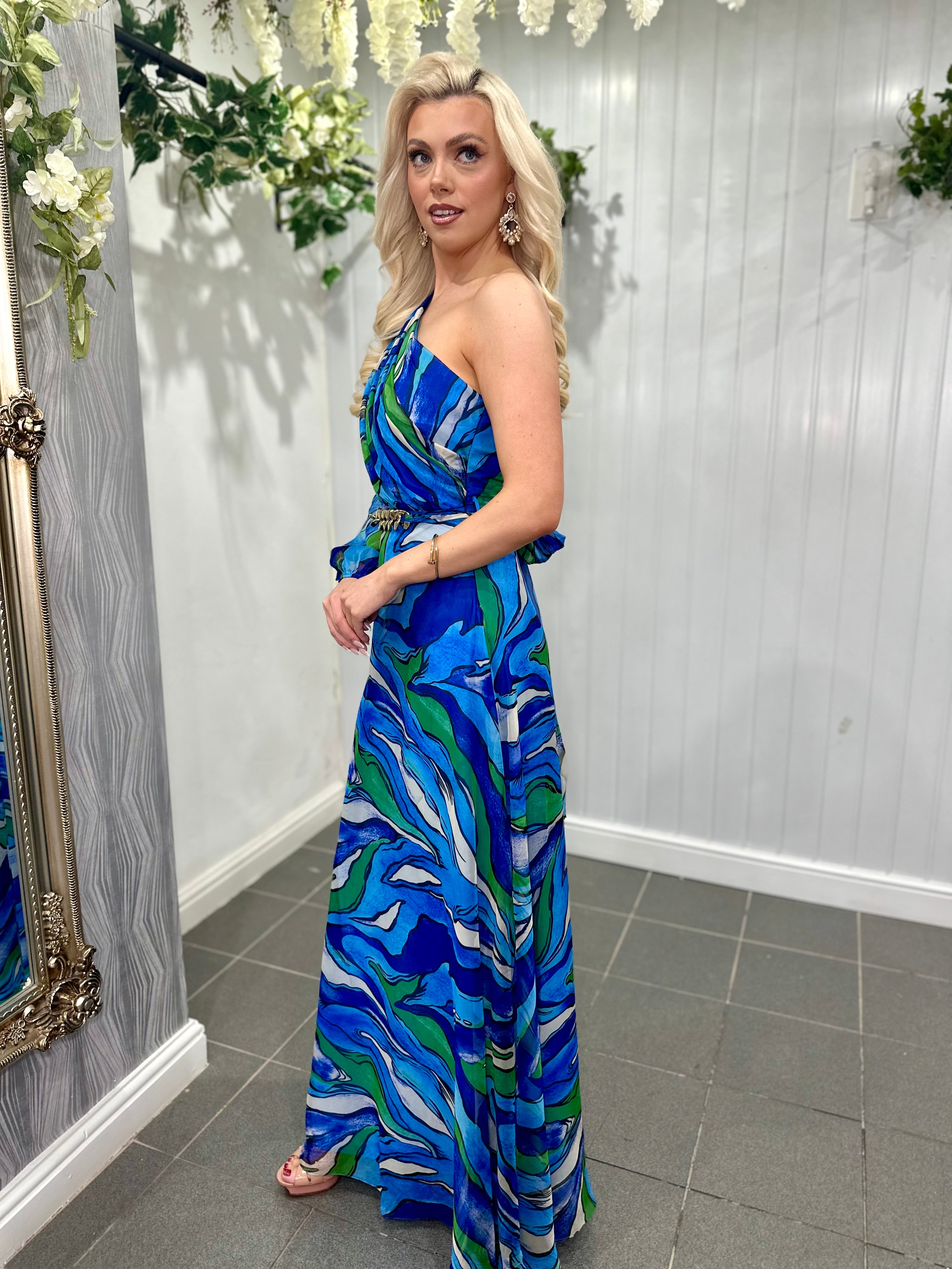 Blue One Shoulder Cut Out Maxi Dress