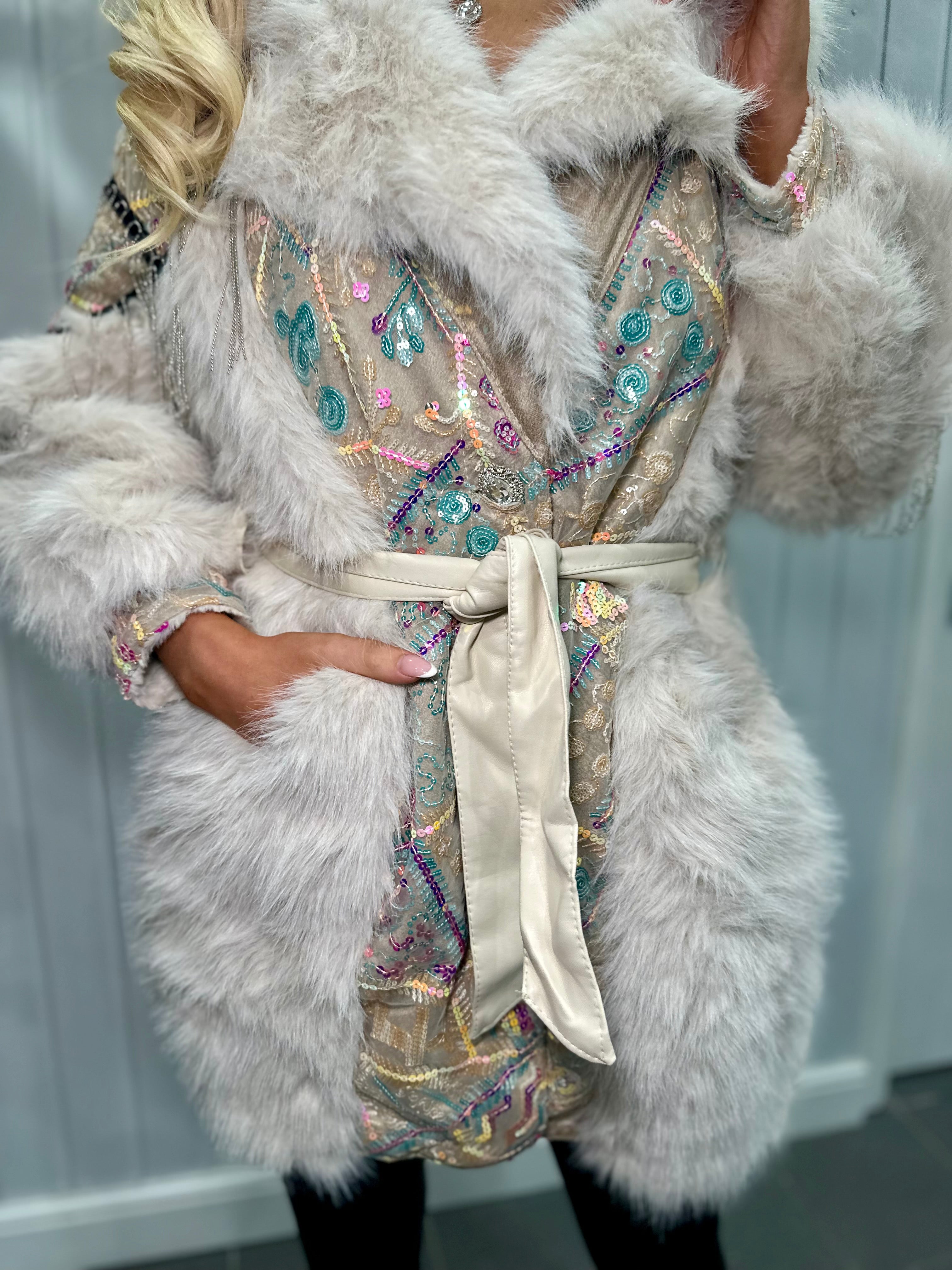 Beige Multicoloured Sequin Faux Fur Silver Coat