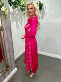 Load image into Gallery viewer, Fuchsia And Gold Shimmer Flower Pleated Midi Dress With Detachable Belt
