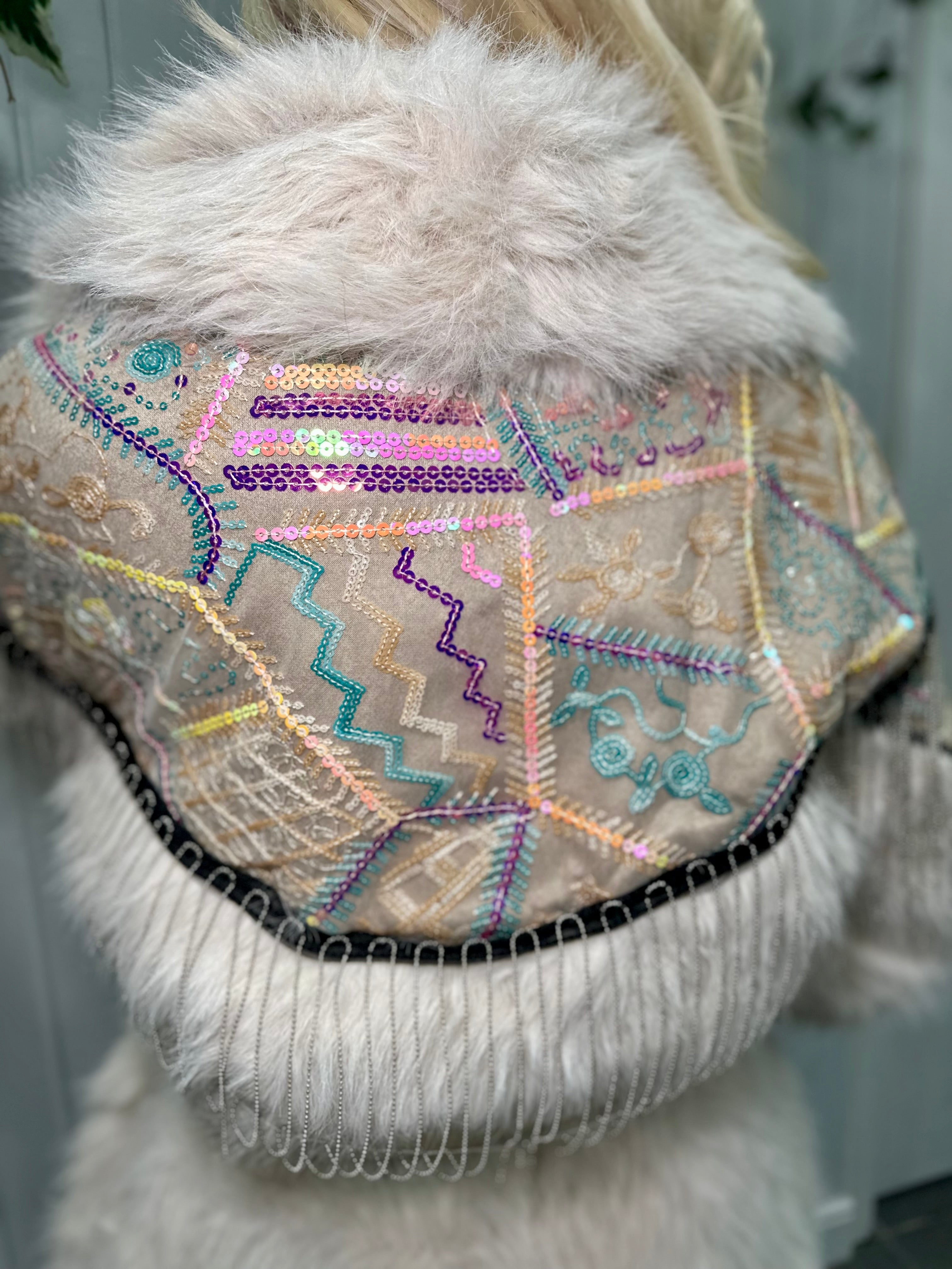 Beige Multicoloured Sequin Faux Fur Silver Coat