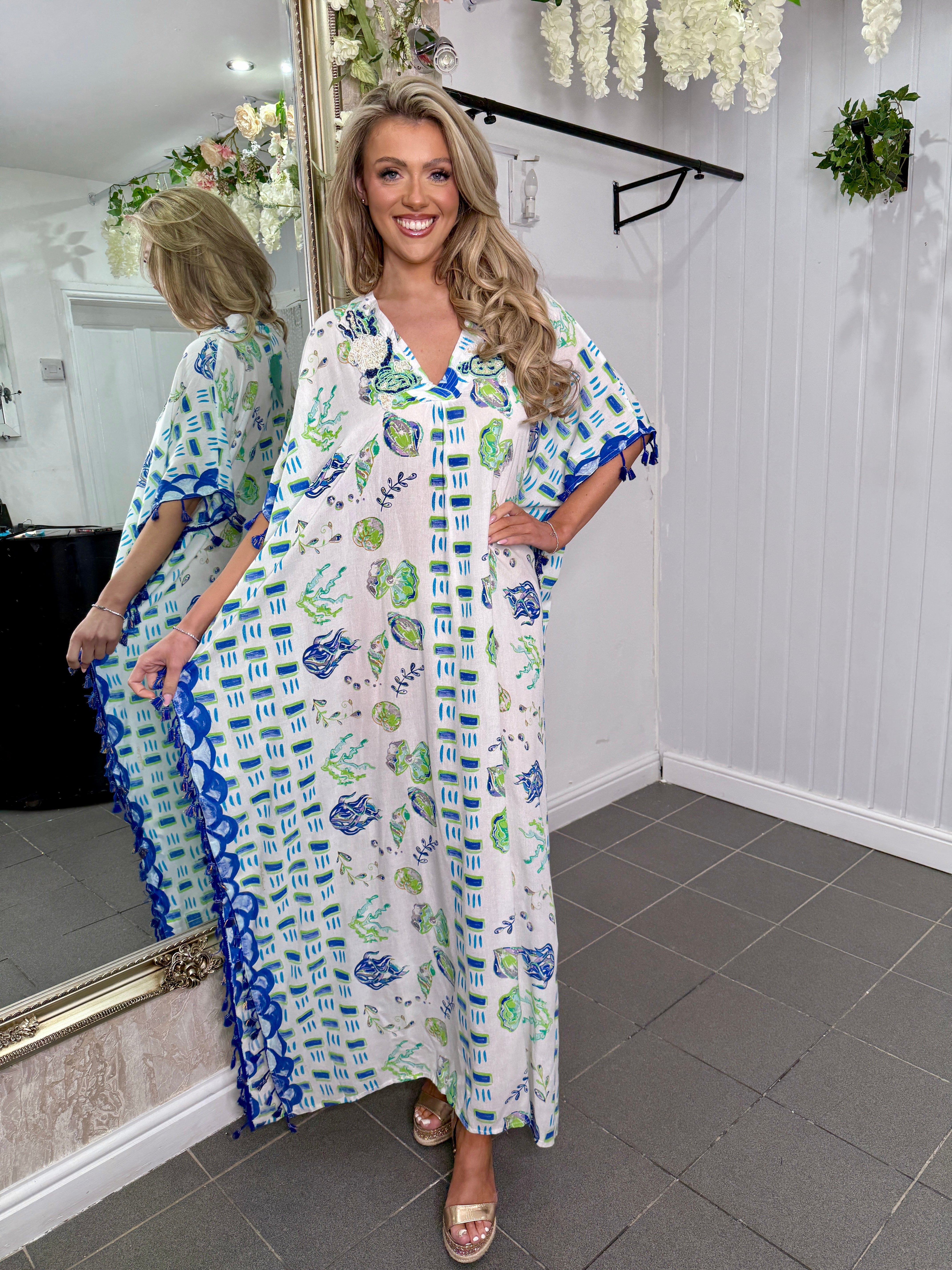 White & Blue Embellished Kaftan Dress