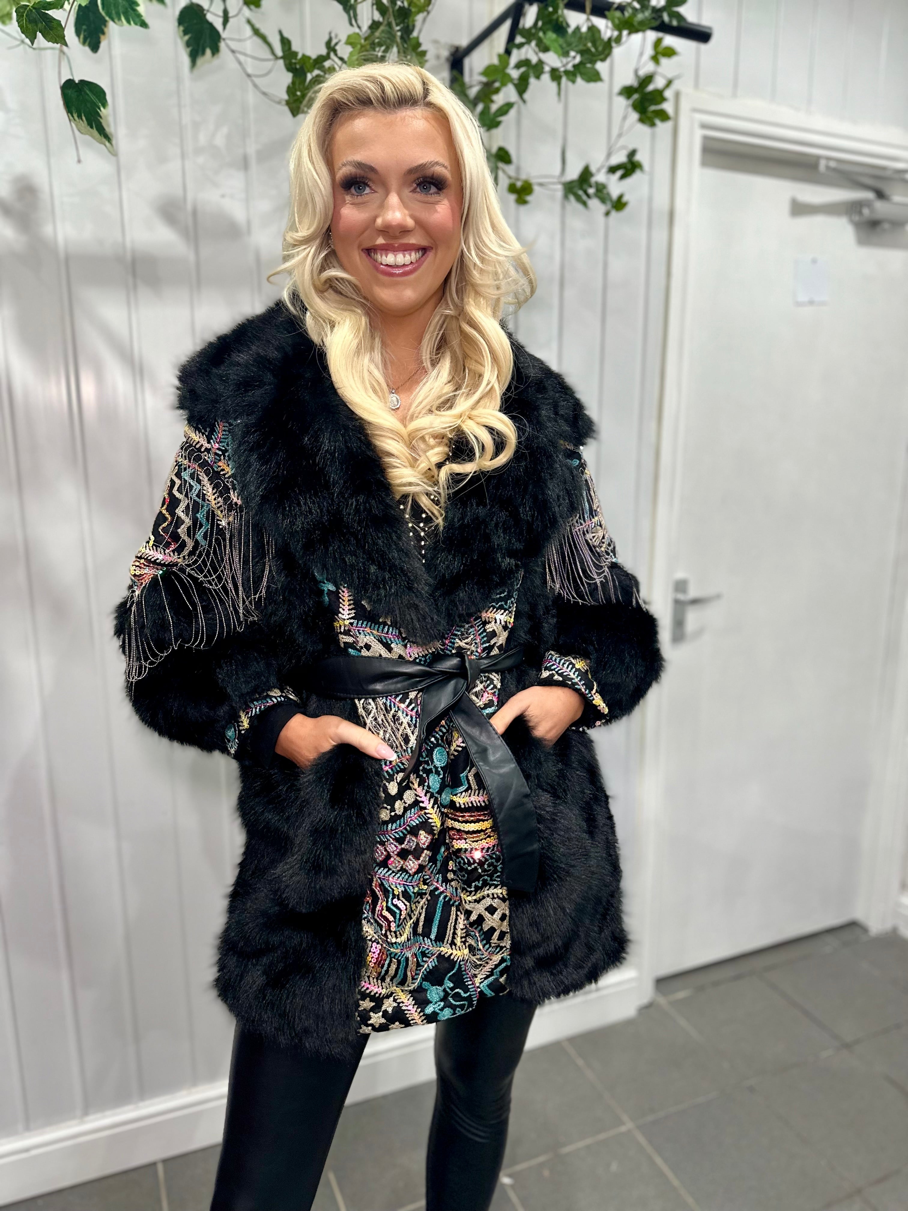 Black Multicoloured Sequin Faux Fur Silver Coat