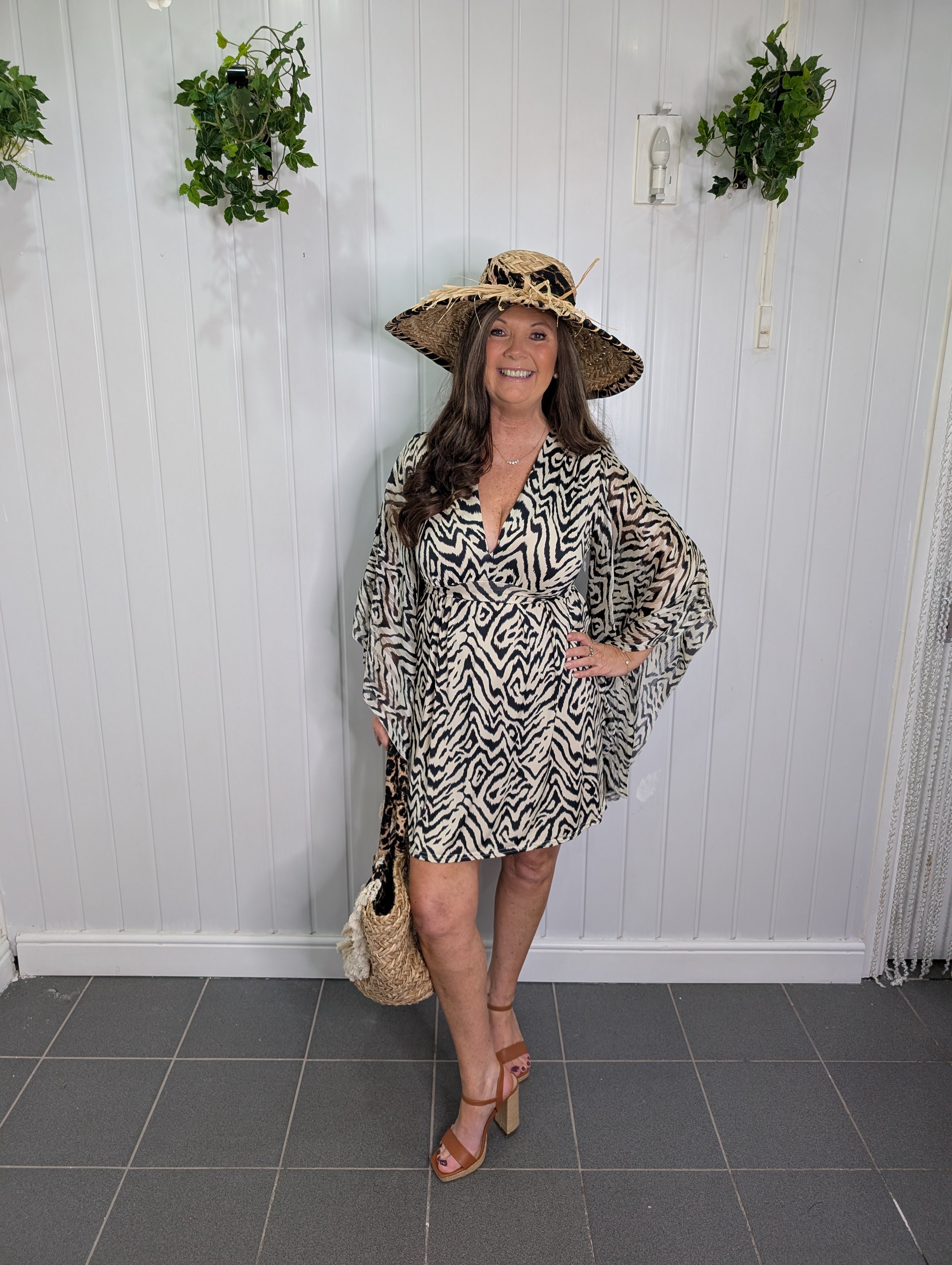 Troiska Cream Black Gold Thread Sleeve Dress