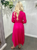 Load image into Gallery viewer, Fuchsia And Gold Shimmer Flower Pleated Midi Dress With Detachable Belt