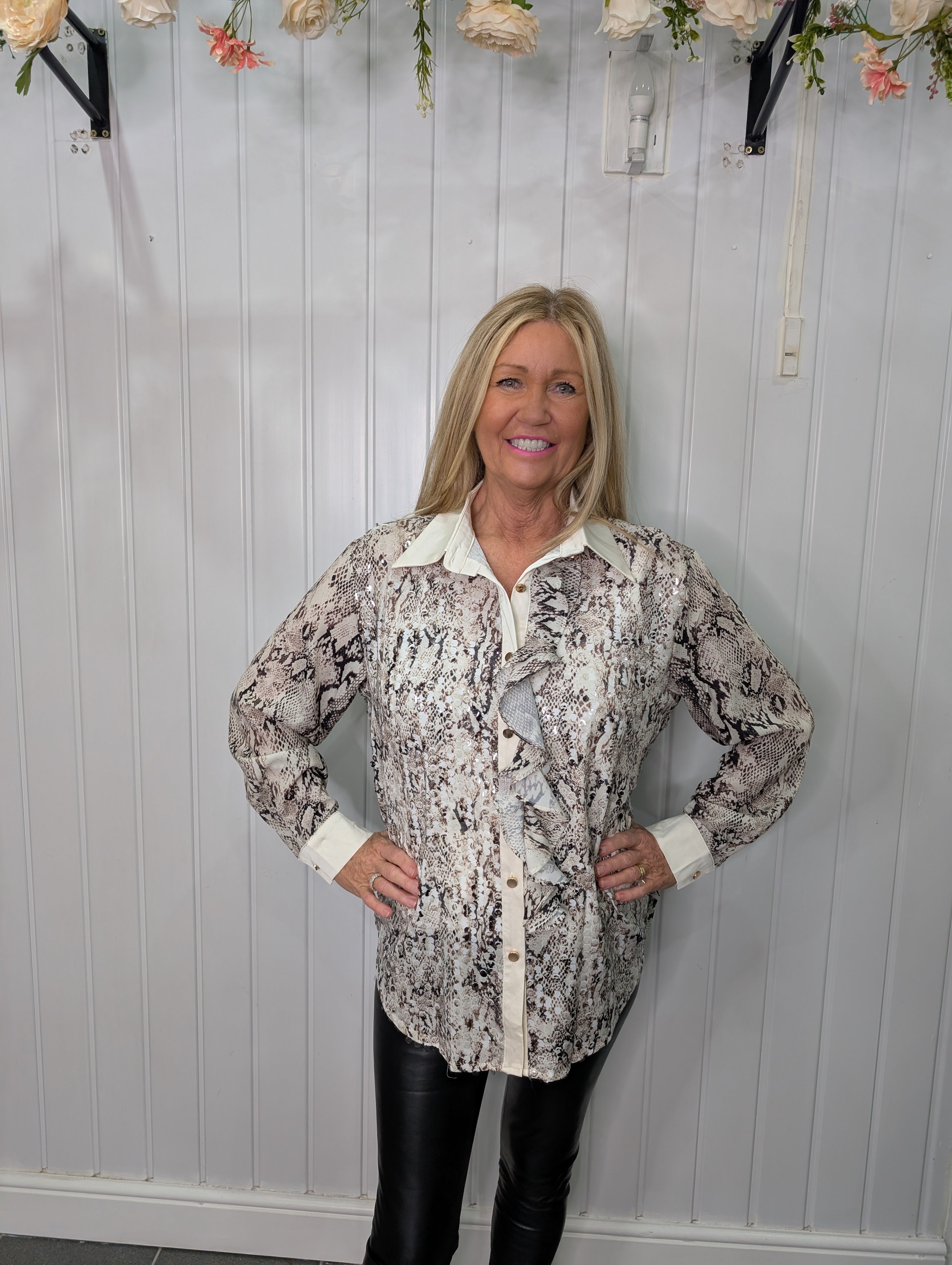 Cream Snake Print Sequin Spec Frill Shirt