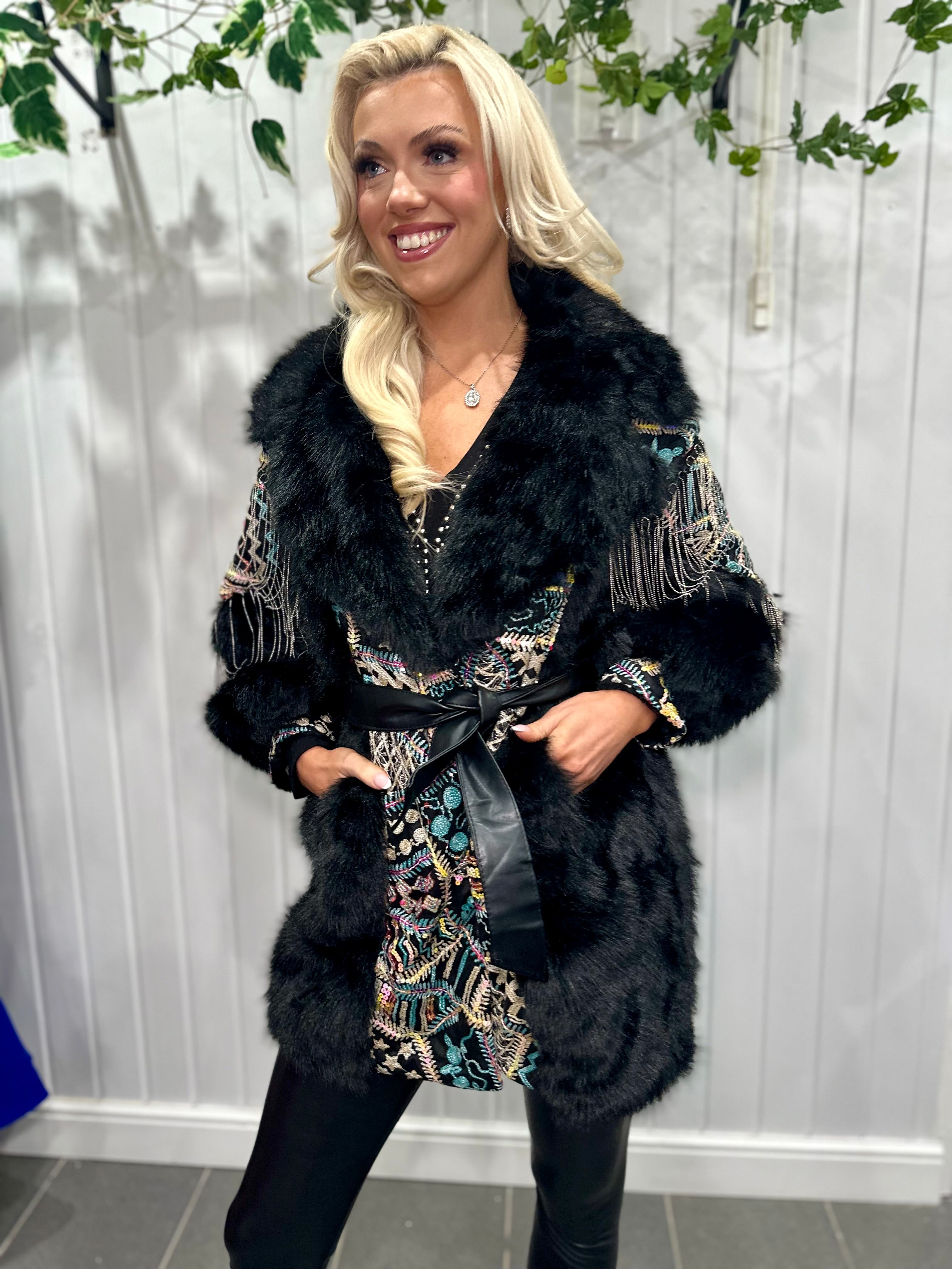 Black Multicoloured Sequin Faux Fur Silver Coat