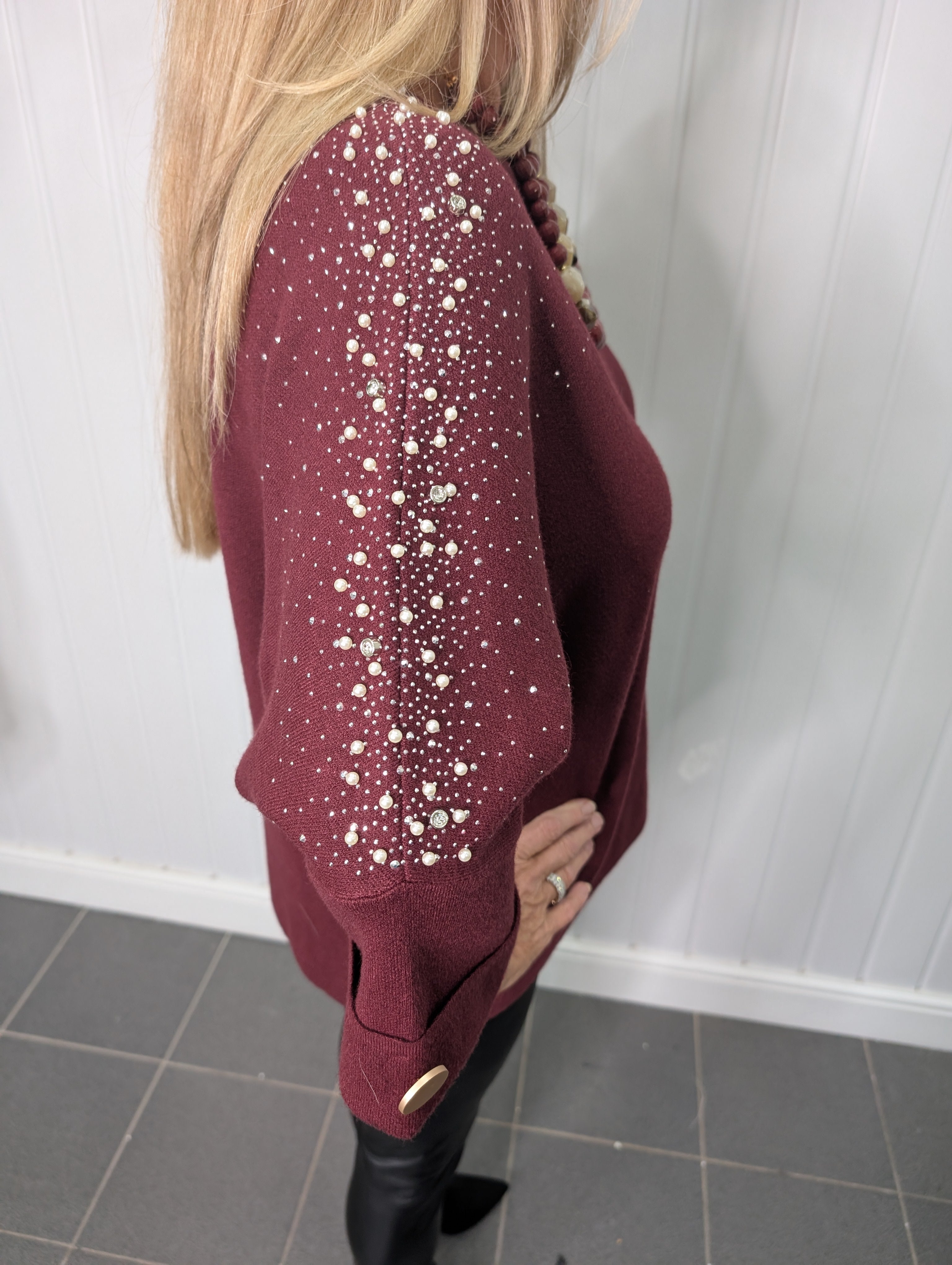 Burgundy Diamante Pearl Jumper