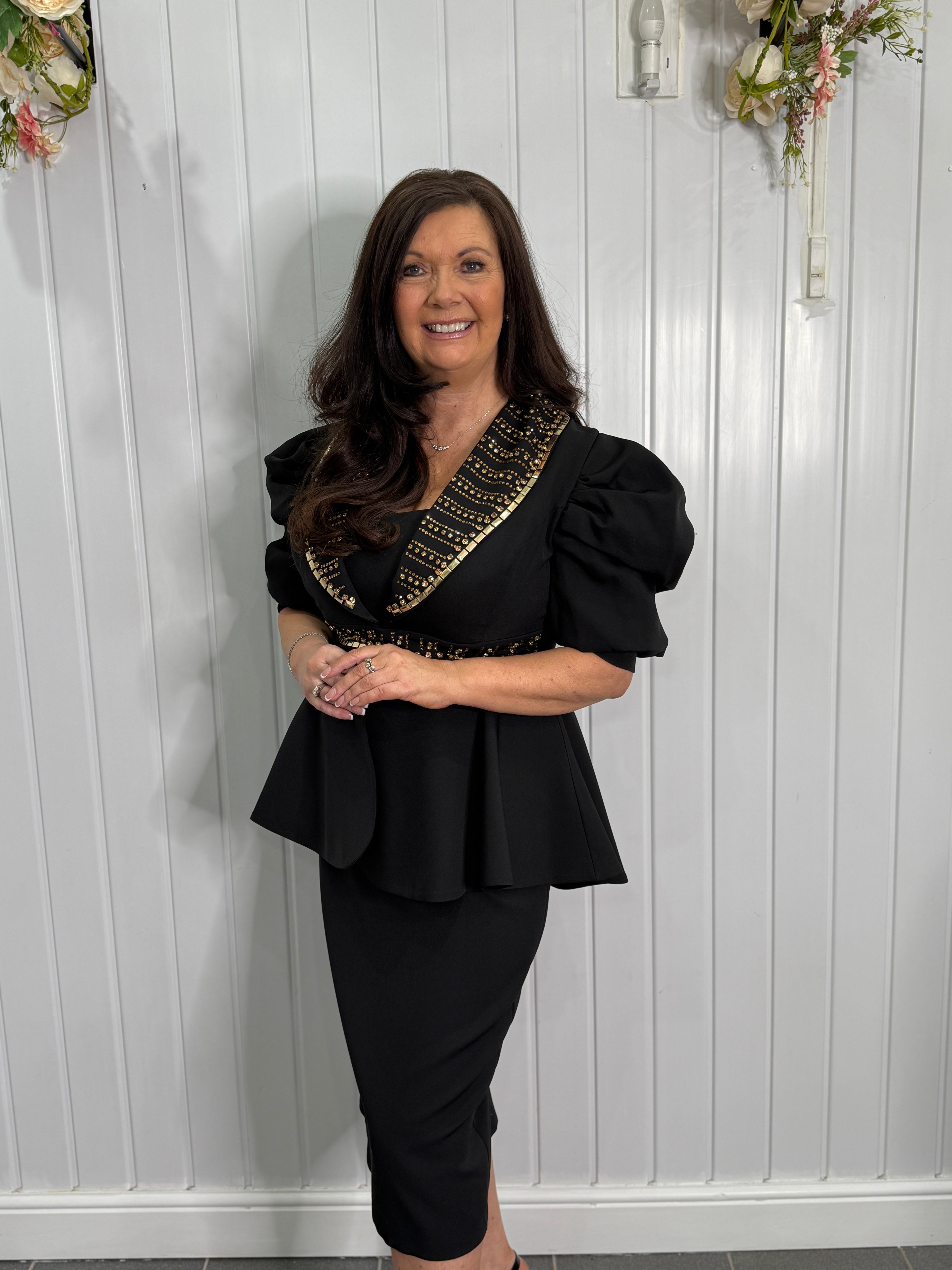 Black Embellished Peplum Midi Dress