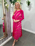 Load image into Gallery viewer, Fuchsia And Gold Shimmer Flower Pleated Midi Dress With Detachable Belt
