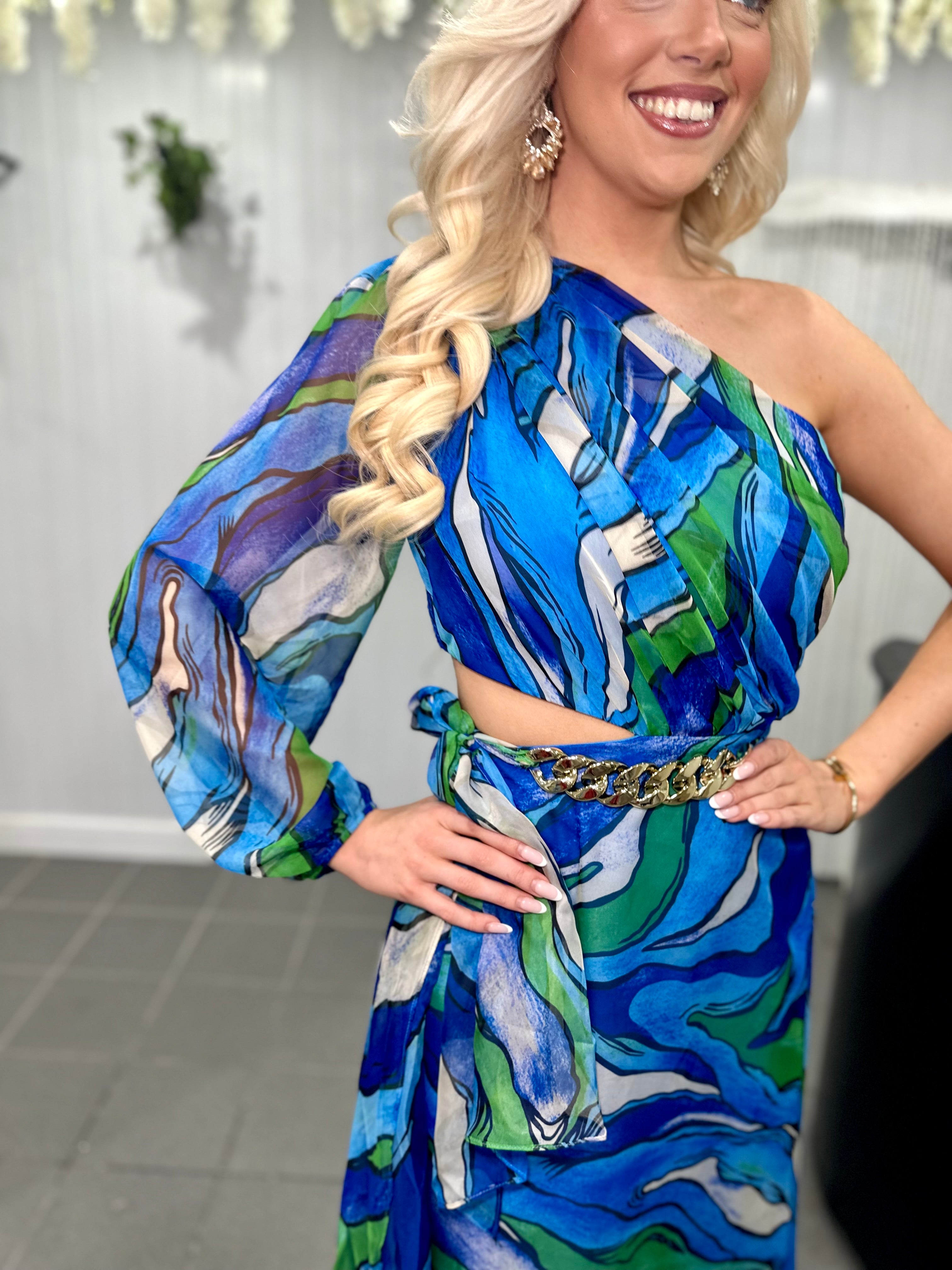 Blue One Shoulder Cut Out Maxi Dress