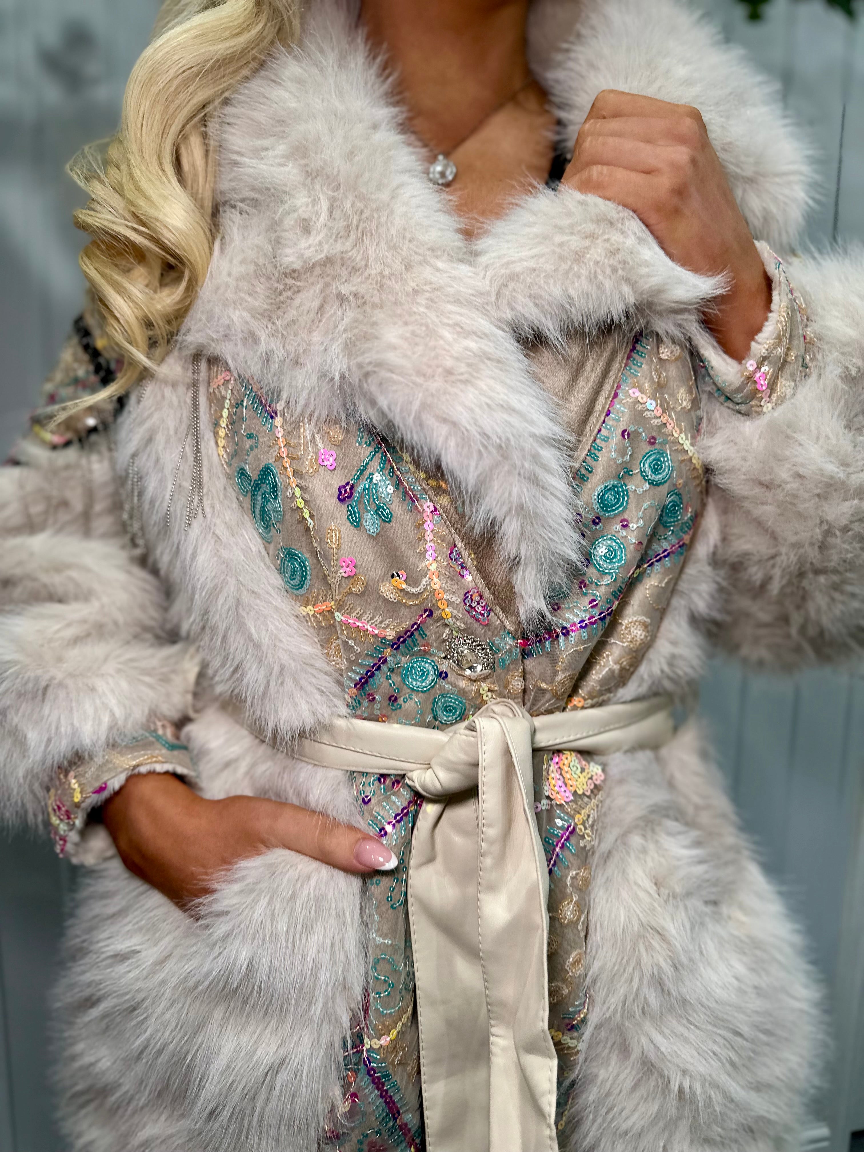 Beige Multicoloured Sequin Faux Fur Silver Coat