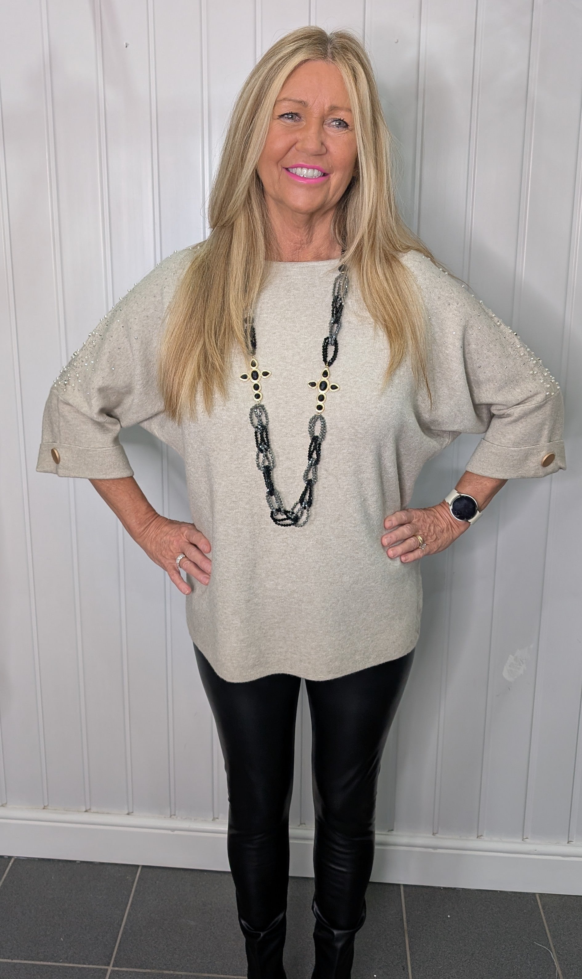 Beige Diamante Pearl Jumper