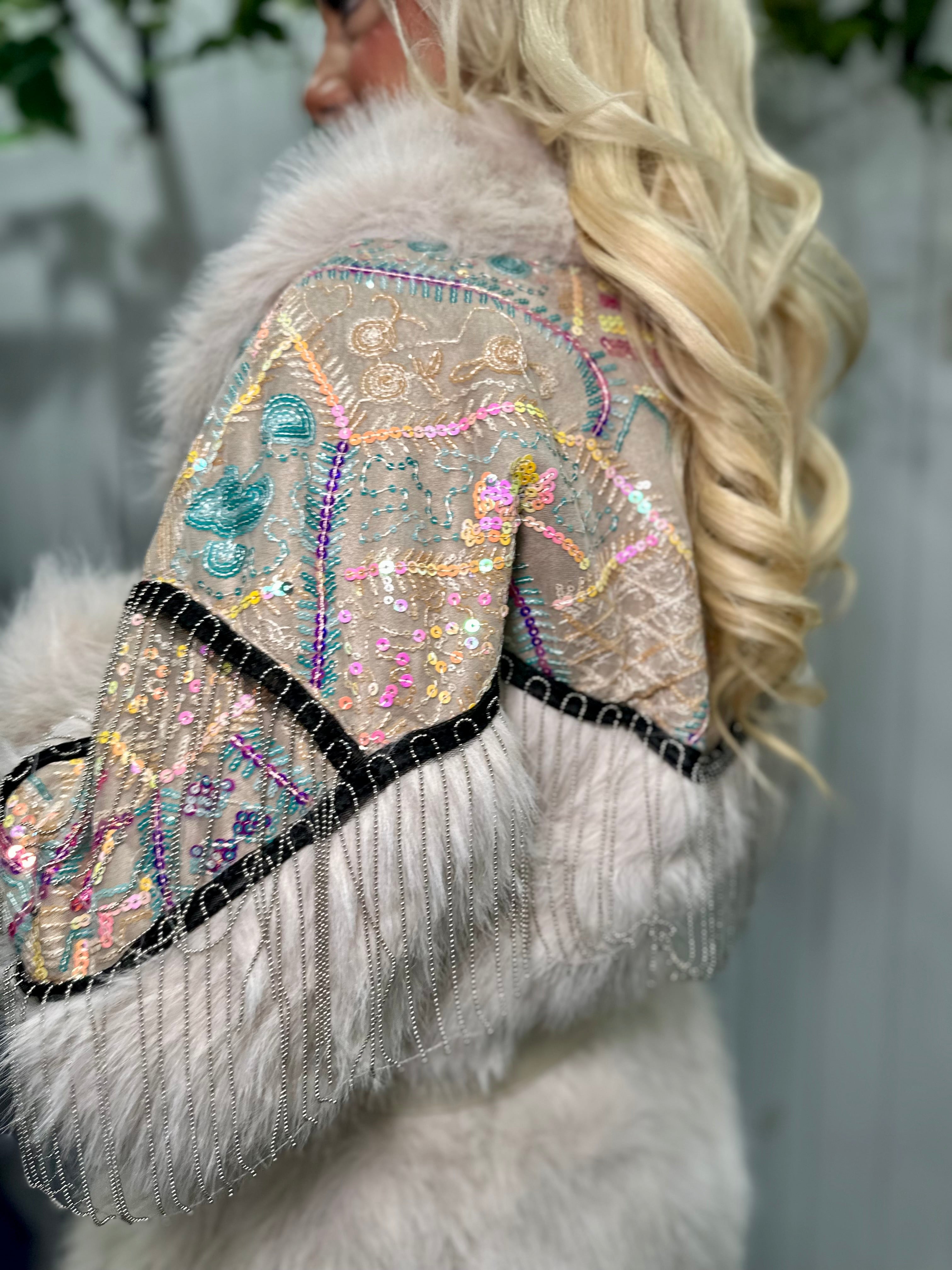 Beige Multicoloured Sequin Faux Fur Silver Coat