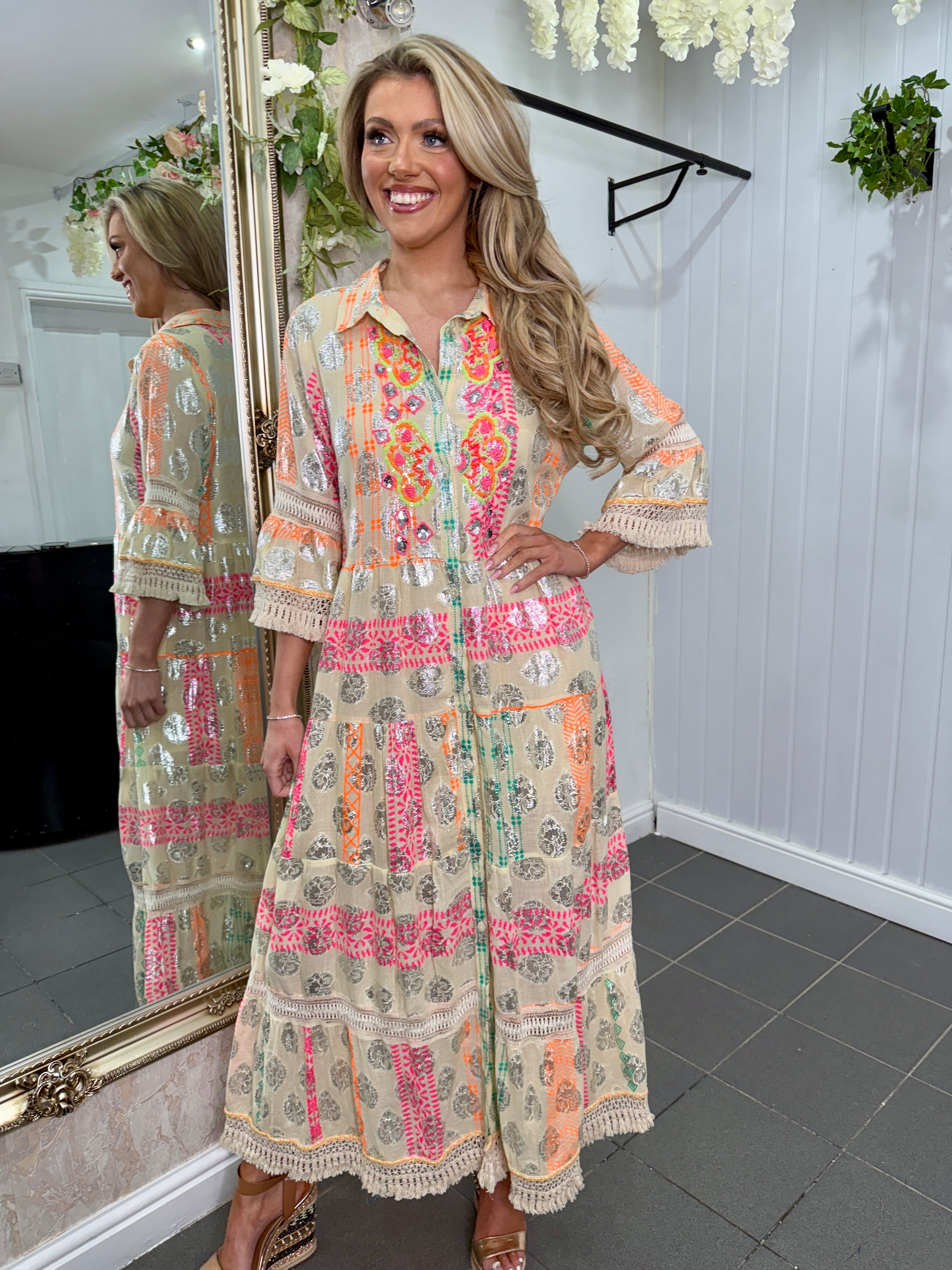 Beige Embellished Metallic Maxi Dress