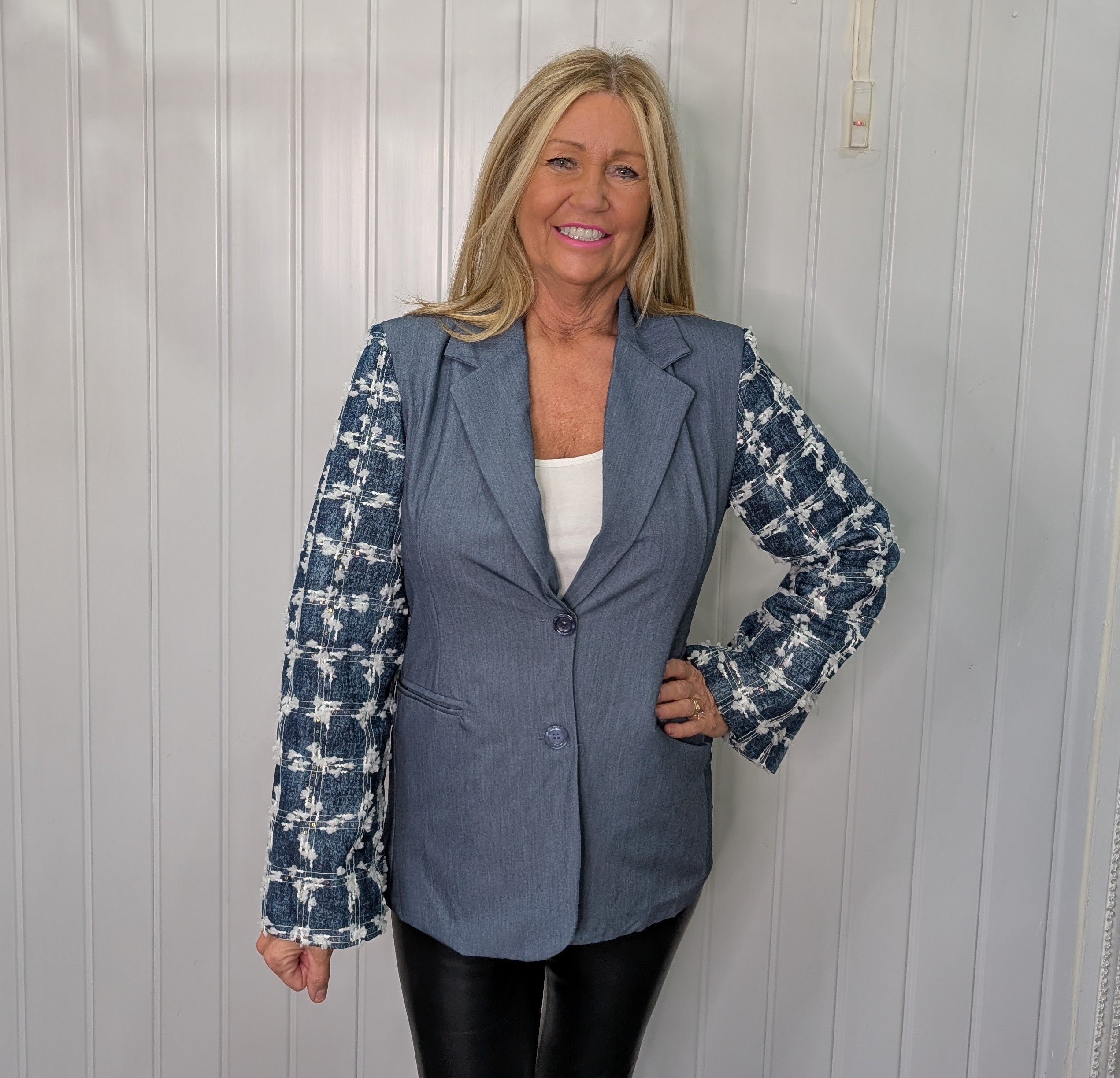 Plus Size Blue Tweed Sequin Spec Jacket