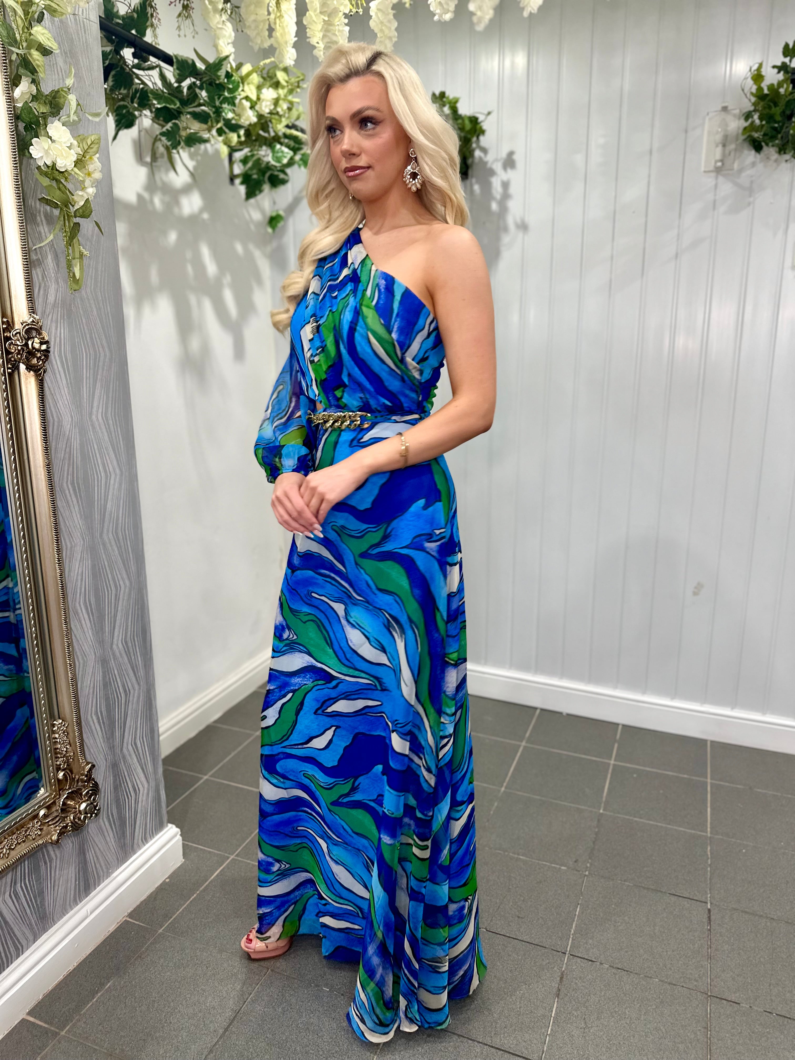 Blue One Shoulder Cut Out Maxi Dress