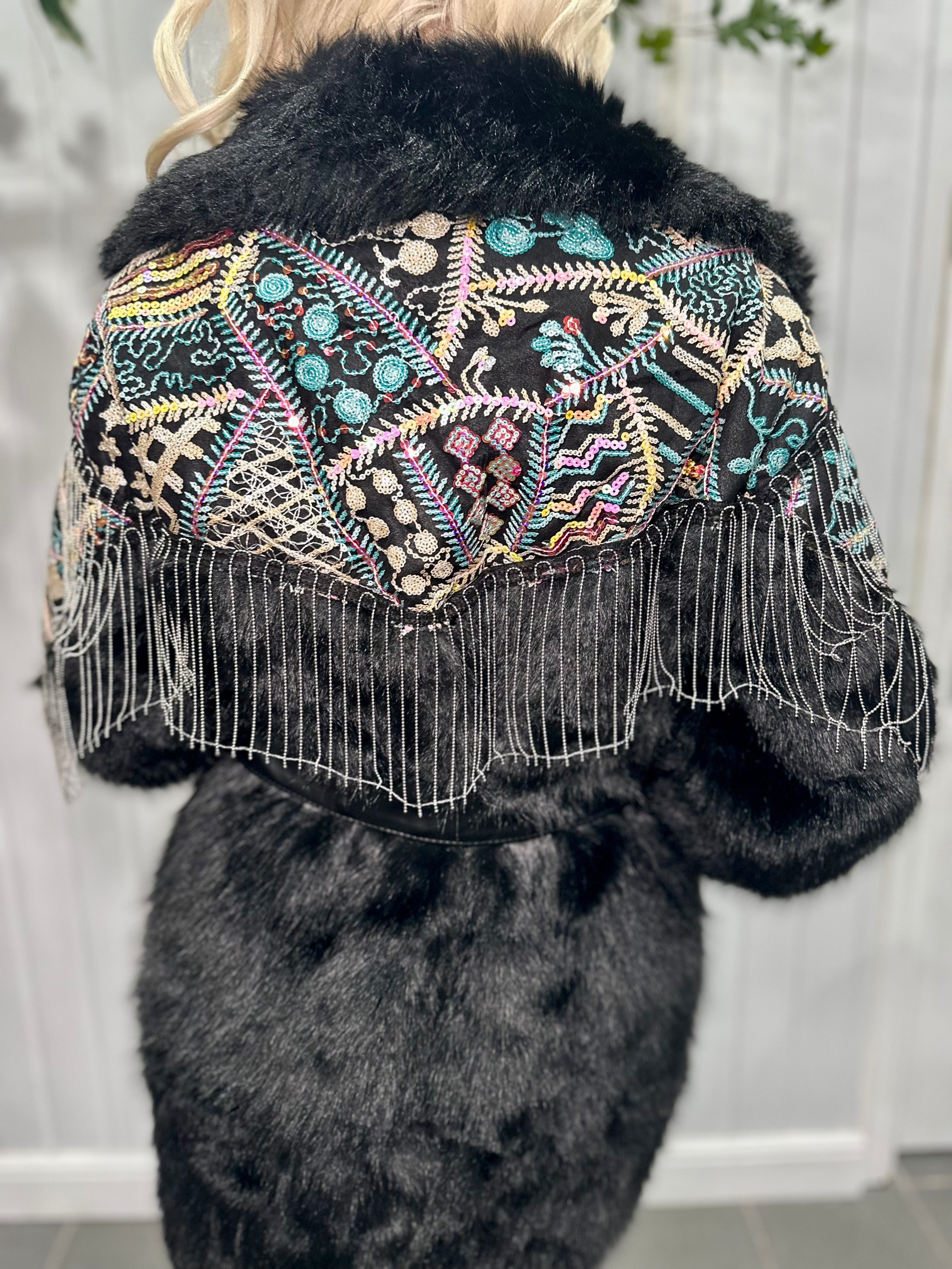 Black Multicoloured Sequin Faux Fur Silver Coat