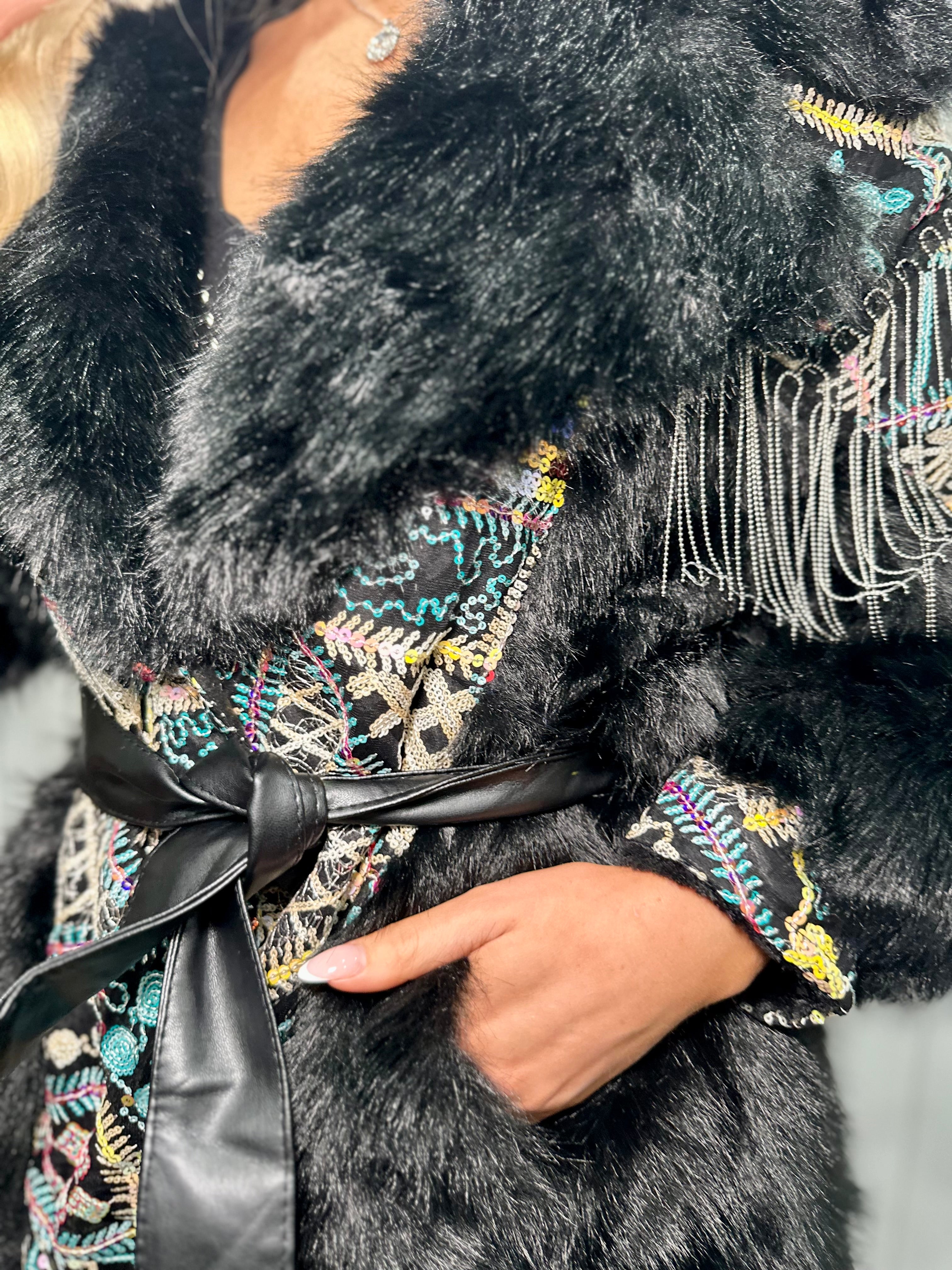 Black Multicoloured Sequin Faux Fur Silver Coat