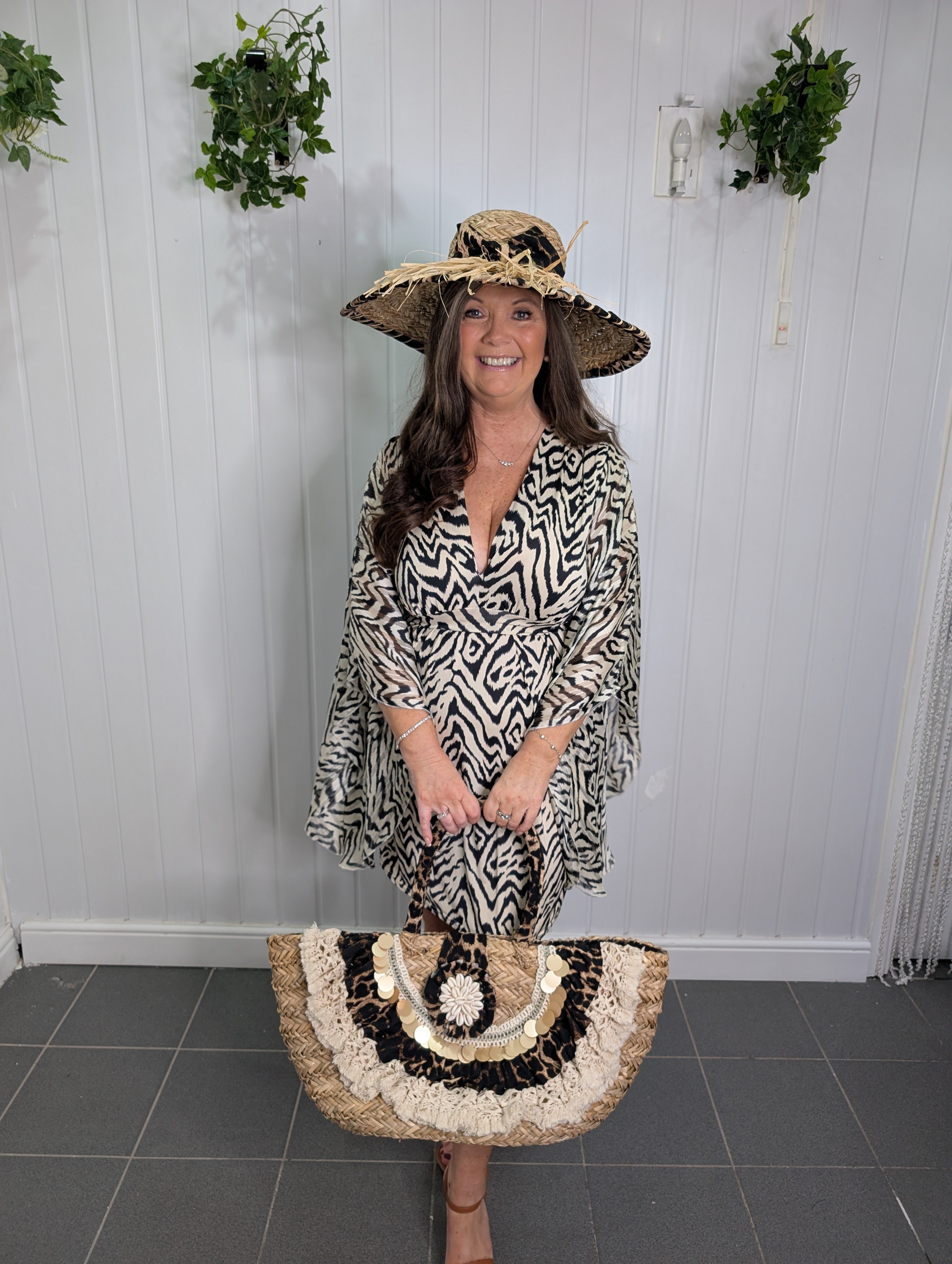 Troiska Cream Black Gold Thread Sleeve Dress