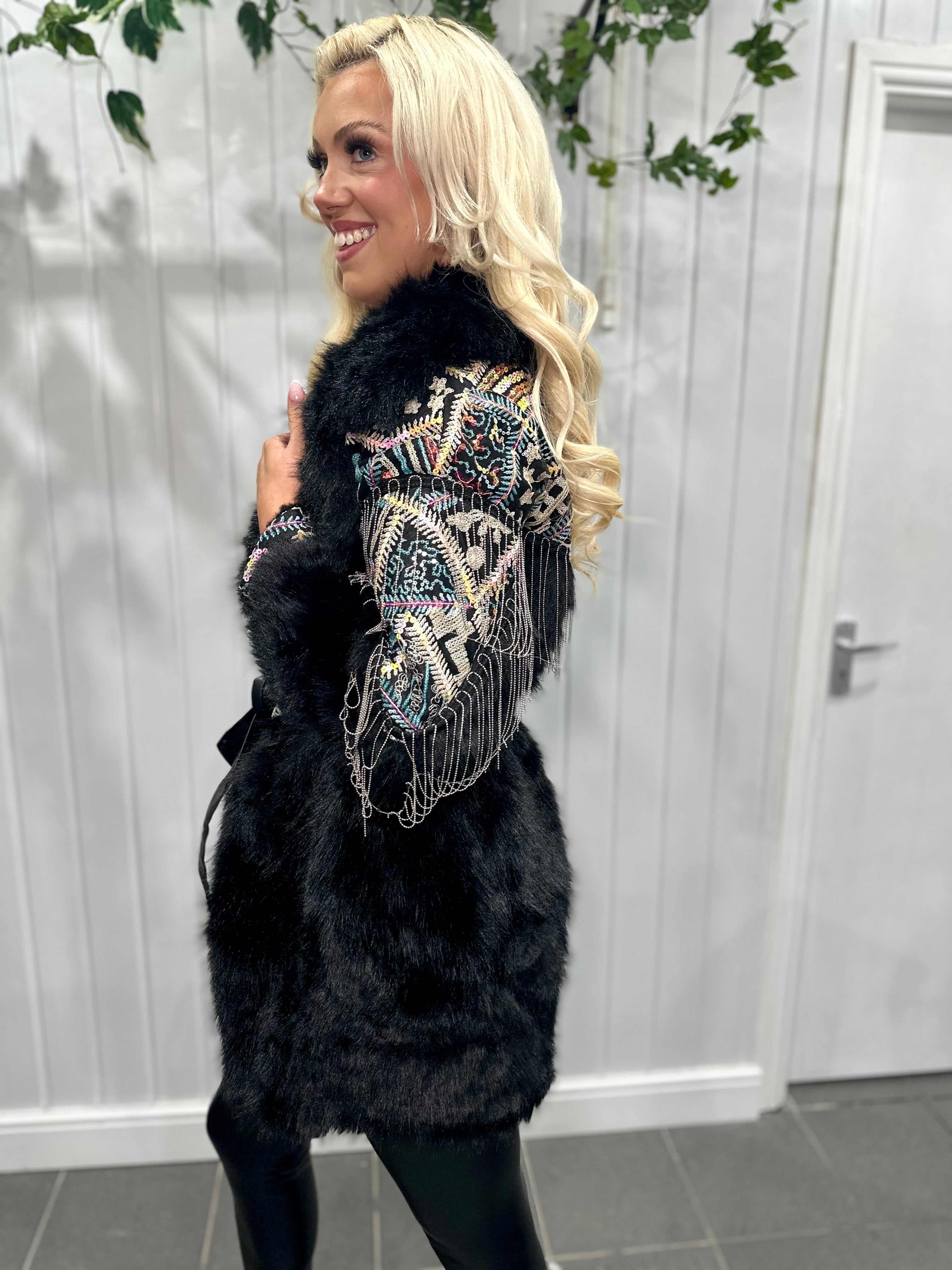 Black Multicoloured Sequin Faux Fur Silver Coat
