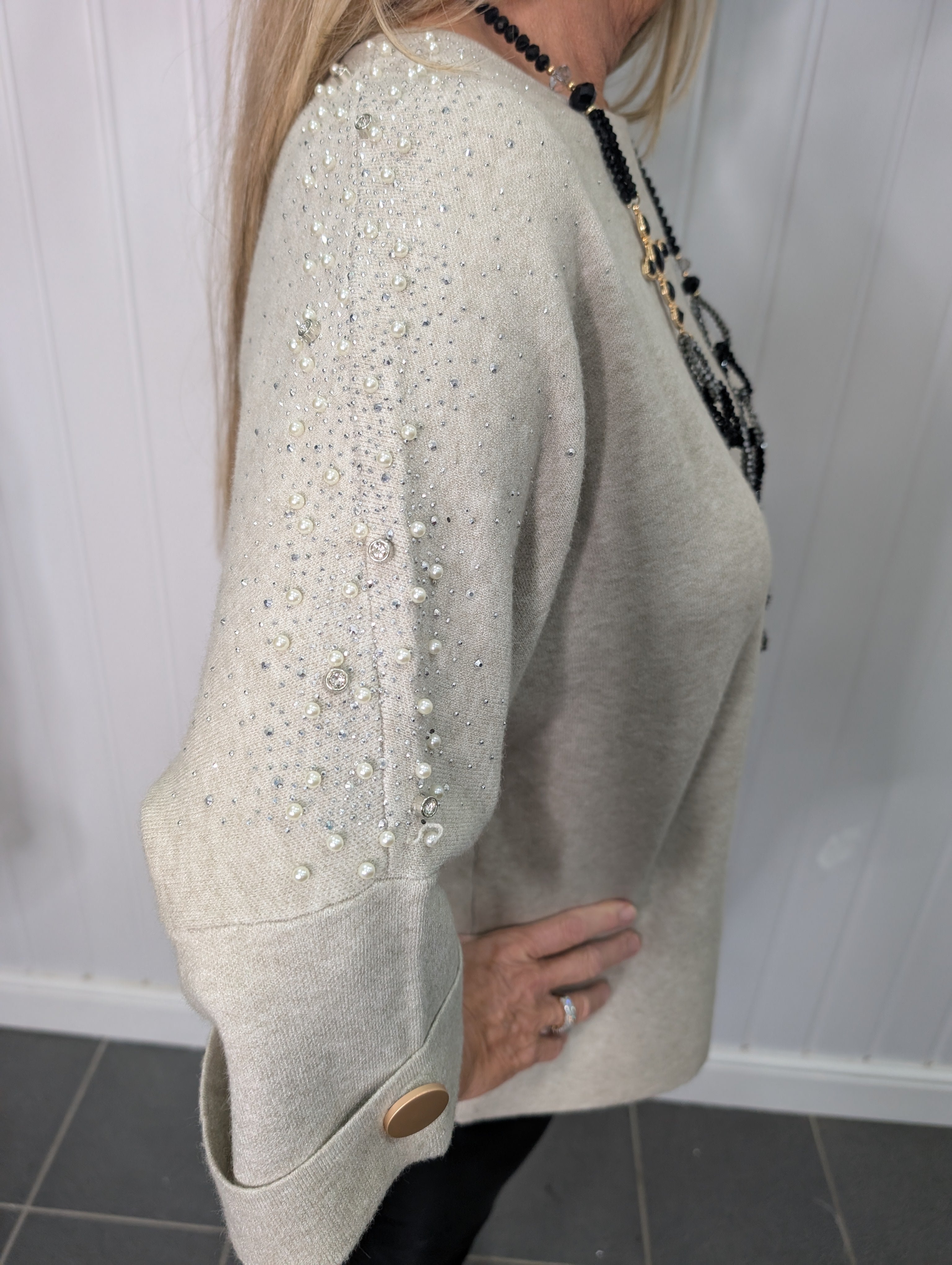 Beige Diamante Pearl Jumper